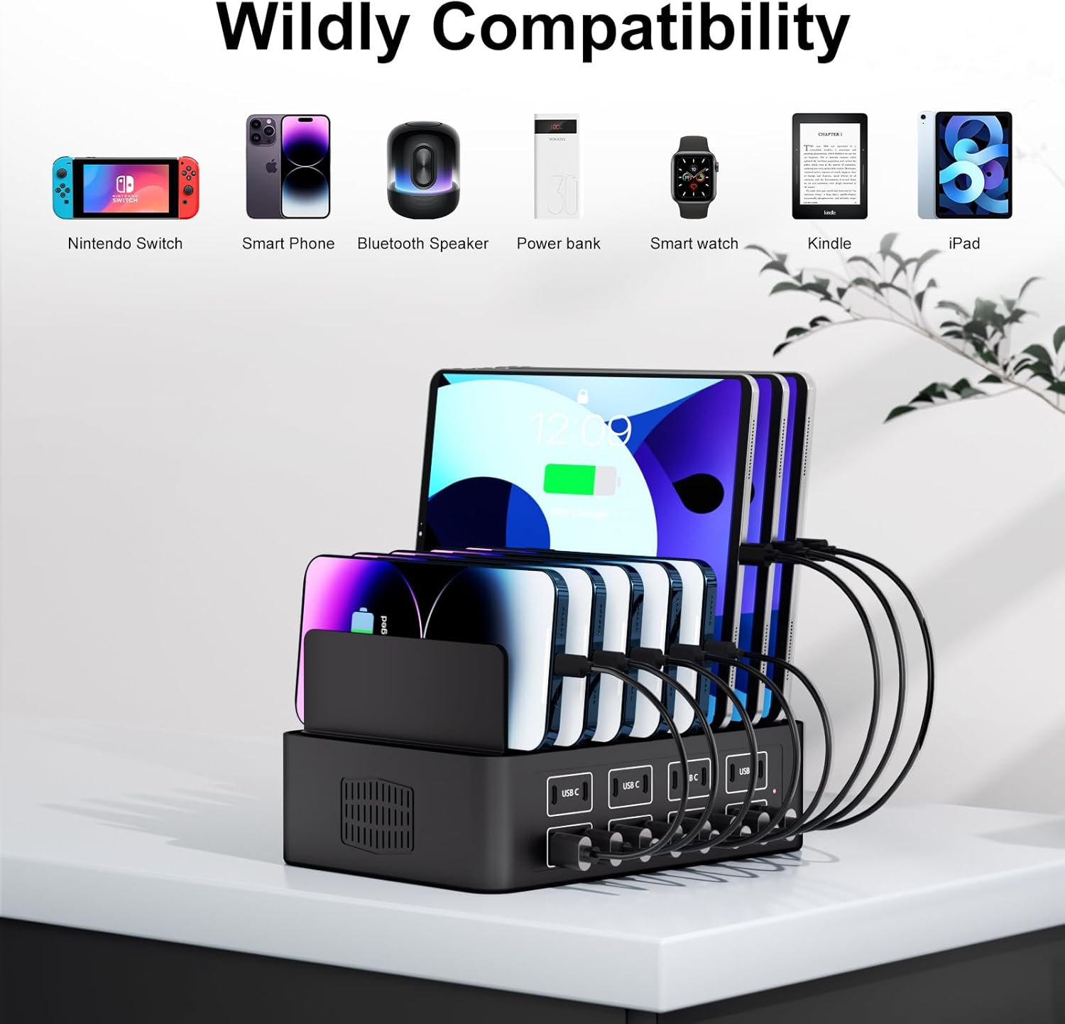 150W/35A Charging Station for Multiple Devices, 16 Port USB C Fast Charging Station with Adjustable Dividers - Organizer Charging Dock for Smartphone, iPad, Kindle, Tablet & More