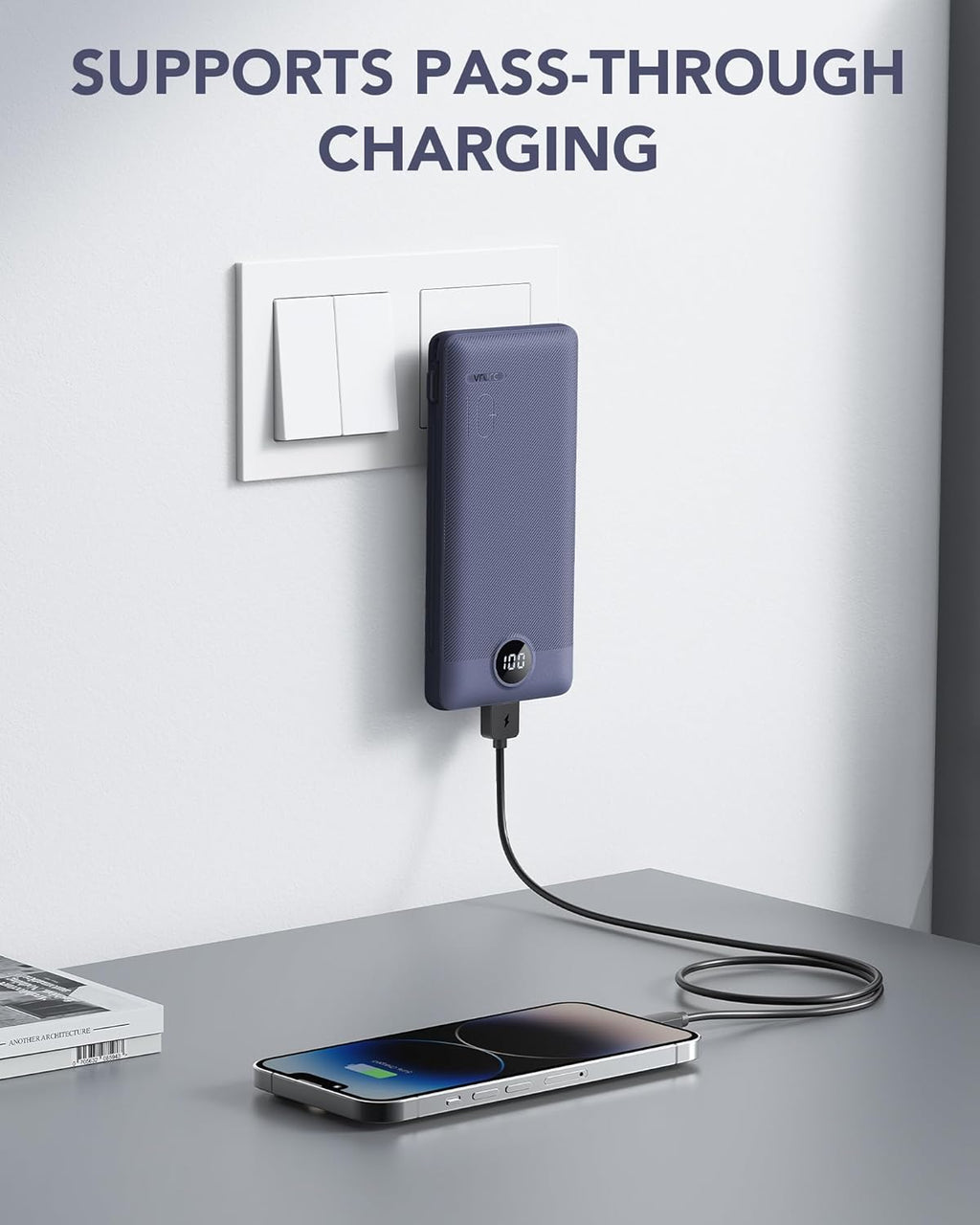 VRURC Portable Charger Built-in Cables and AC Wall Plug, USB C Power Bank 10000mAh, Travel Battery Portable Phone Charger Compact Lightweight External Battery Pack for Smart Phones, Tablets etc-Navy