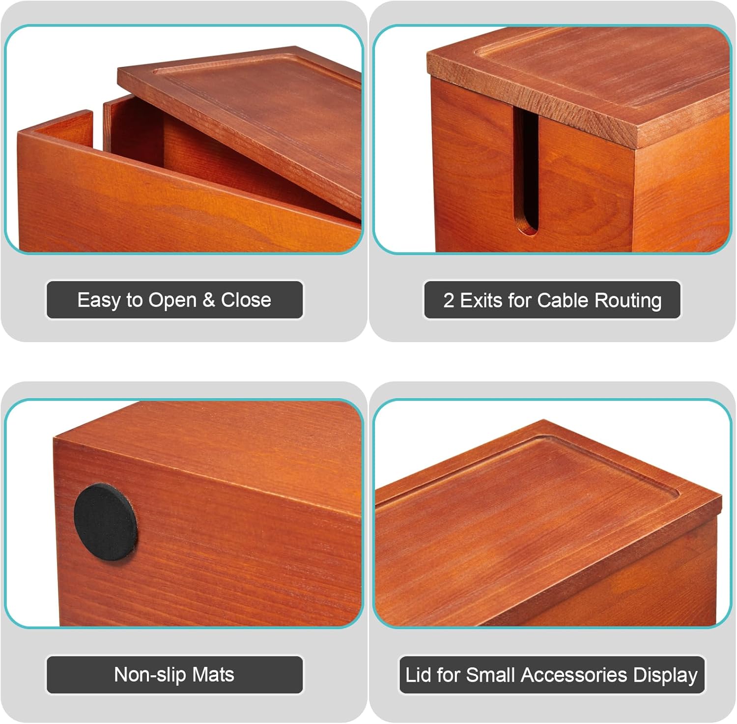 Large Cable Management Box, Wooden Cord Organizer Box for Desk, Floor, Office to Hide Extension Cords Power Stripes Surge Protectors Chargers Wires, Red Brown
