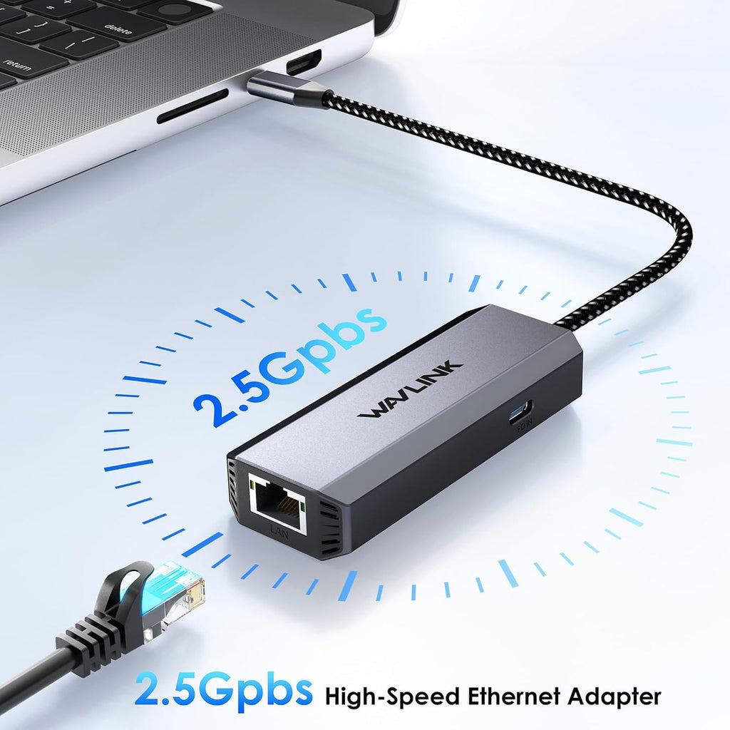 WAVLINK USB C to Ethernet Adapter 2.5 Gbps, USB to 2.5G Ethernet Adapter with 95W Power for Laptop, USB-C to RJ45 Network Converter (Thunderbolt 4/3 Compatible) for Windows, Mac OS, iPad OS and More