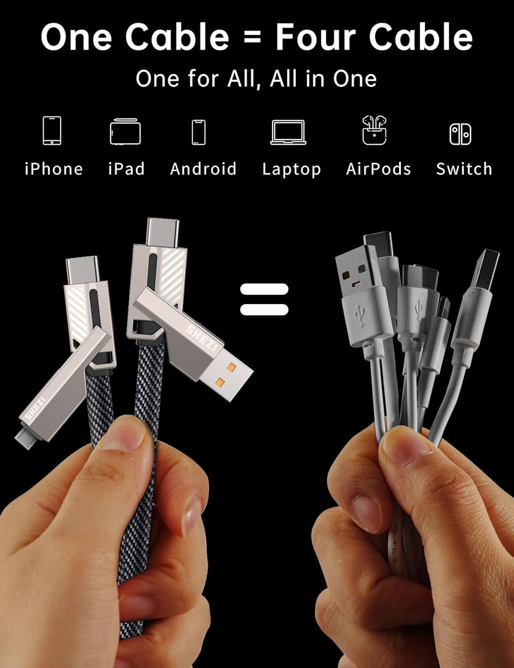 【One is Enough】 4-in-1 USB C to Micro Cable, High-Speed Charging & Fast Data Transfer,CarPlay & Android Auto Support Multi Charger Cord Combo Micro/Type C/USB A for iPhone/Samsung/iPad,3FT