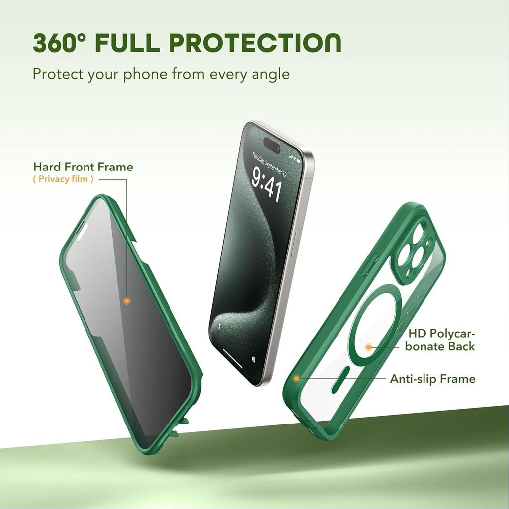 Magnetic for iPhone 15 Pro Max Case, Compatible with MagSafe, Built-in Privacy Screen Protector and Camera Protection, Anti Spy Full Body Dustproof Shockproof Hard Phone Case 6.7", Green