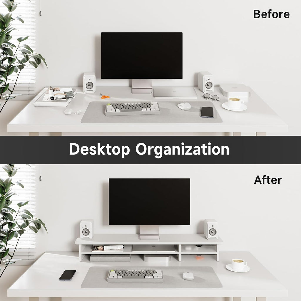 Fenge Monitor Stand, Dual Monitor Riser, 42.5inch Large Desk Computer Monitor Stand Riser with Drawer, 2 Tier Wood & Acrylic Desktop Organizer for Computer, Laptop, Printer, TV Screen Riser