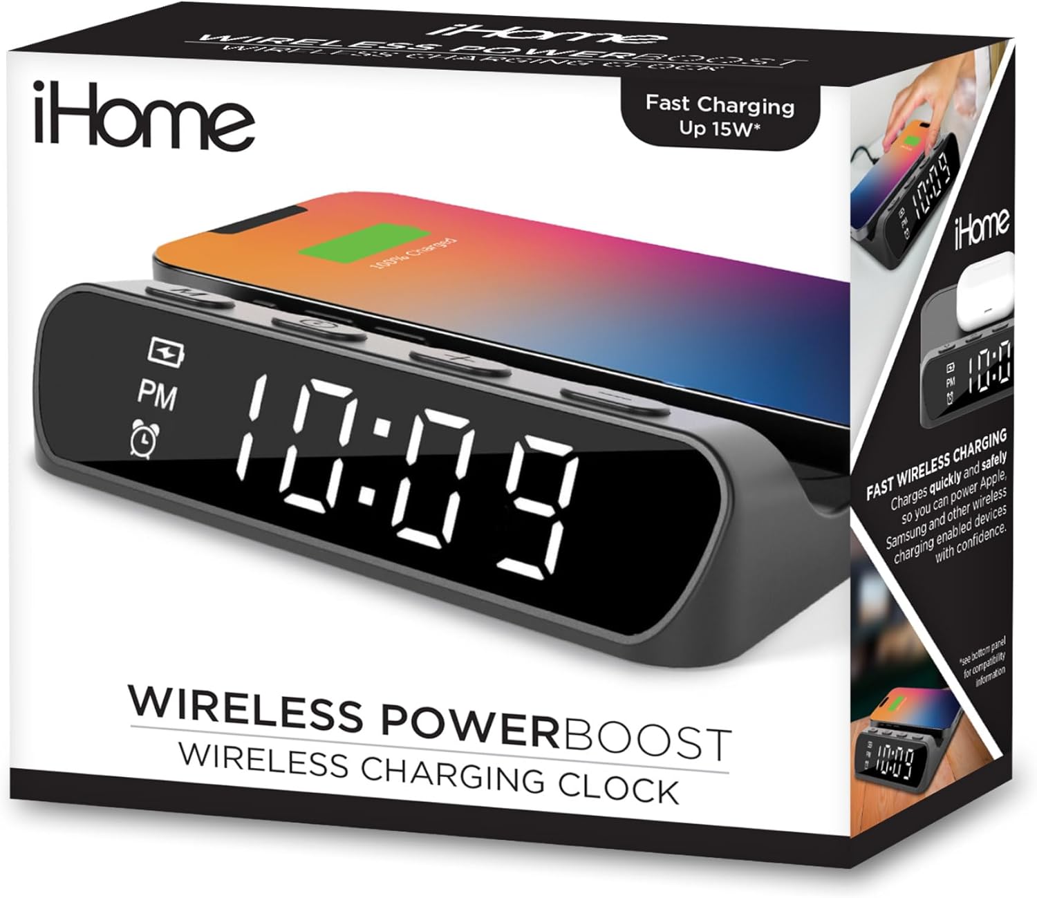 iHome Wireless Charger with Alarm Clock, Compact Digital Alarm Clock for Bedroom, Home Office, or Dorm (iW14)