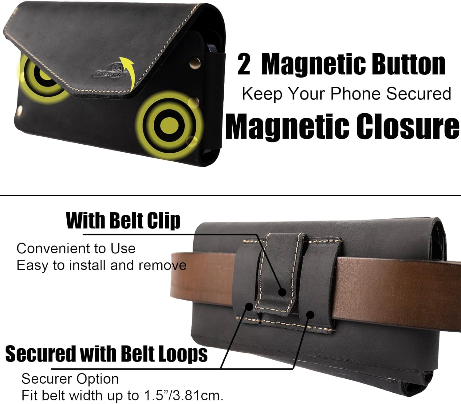 Topstache Leather Phone Holster with Belt Clip,S22 Ultra Belt Holder,iPhone 14 Pro Max Case for Belt,Leather Belt Pouch for Universal Smartphone with Protective Case,Flip Cellphone Pouch,XL,Black