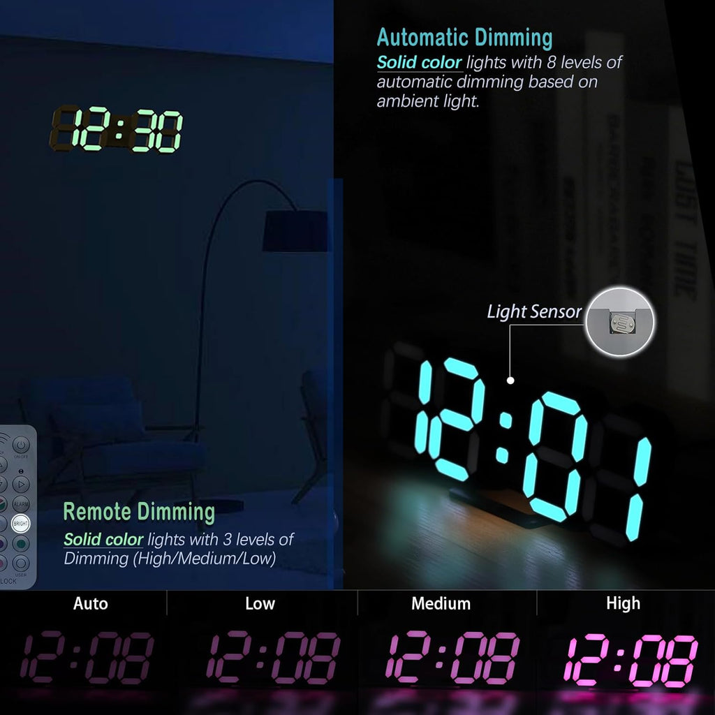 KOSUMOSU LED Digital Clock Neon Clock 9.7" Black Gaming Clock RGB LED Wall Clock for Living Room Desk Clock Large Display Clock for Bedroom, Black Clock with Dimming