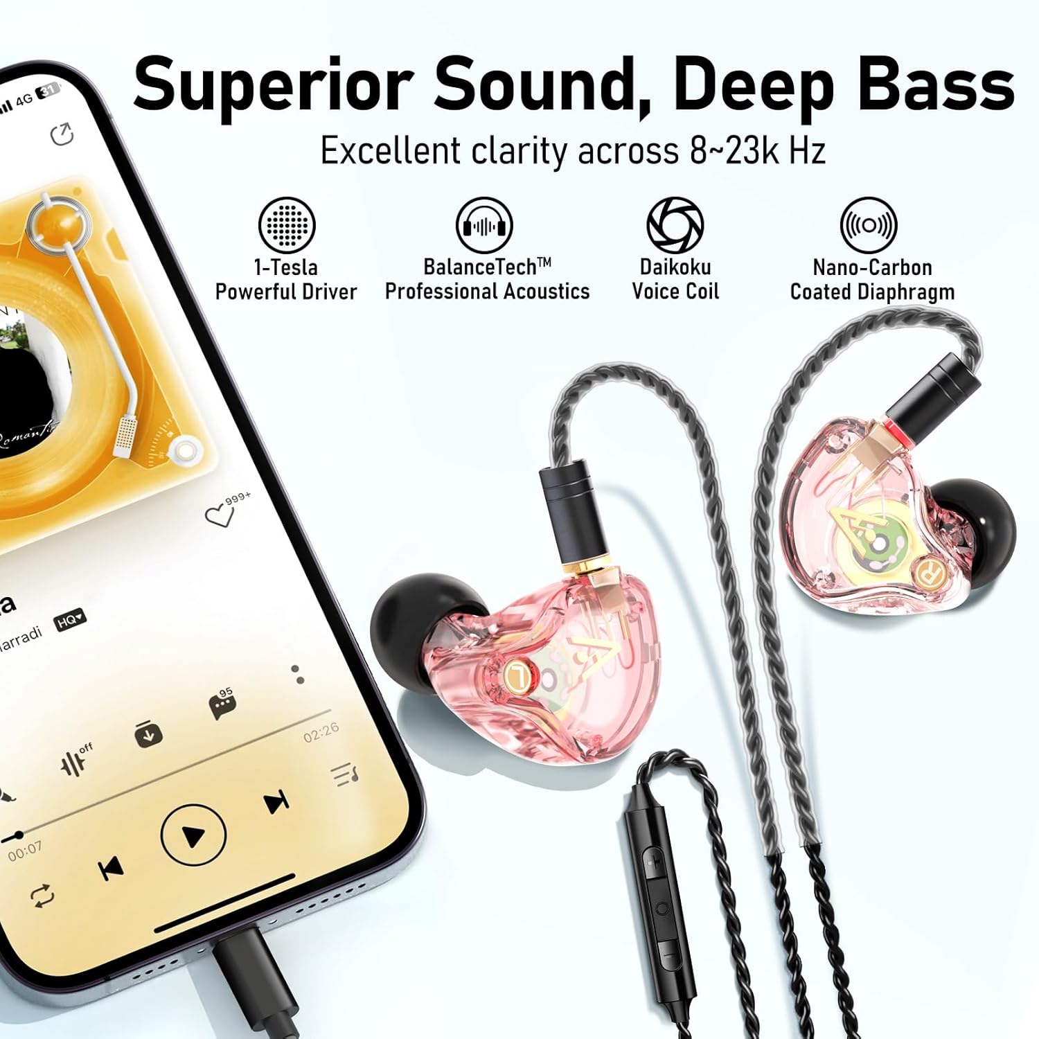 Vibes 202ML Wired Earbuds - HiFi in Ear Headphones - Noise-Isolating Ear Buds w/ Mic - Clear Sound, Deep Bass, Comfort-Fit Earphones - MMCX–Lightning for iPhone 5–14, Silver Plated Cord, Carrying Case