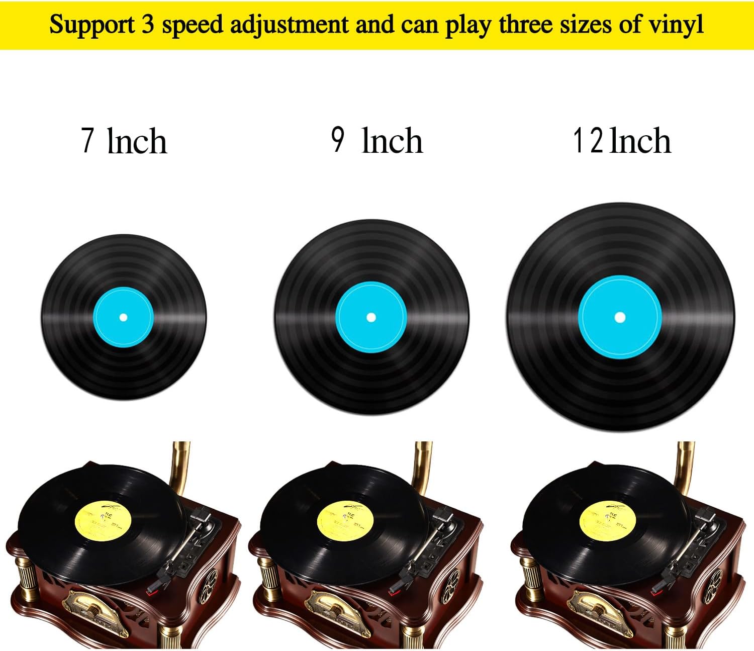 Vintage Gramophone with Bluetooth Output Vintage Record Players Retro Gramophone Turntables for 7" 9" 12" Vinyl Records 3 Speed, Hi-Fi, Handcrafted by Pure Oak (Dark Green)