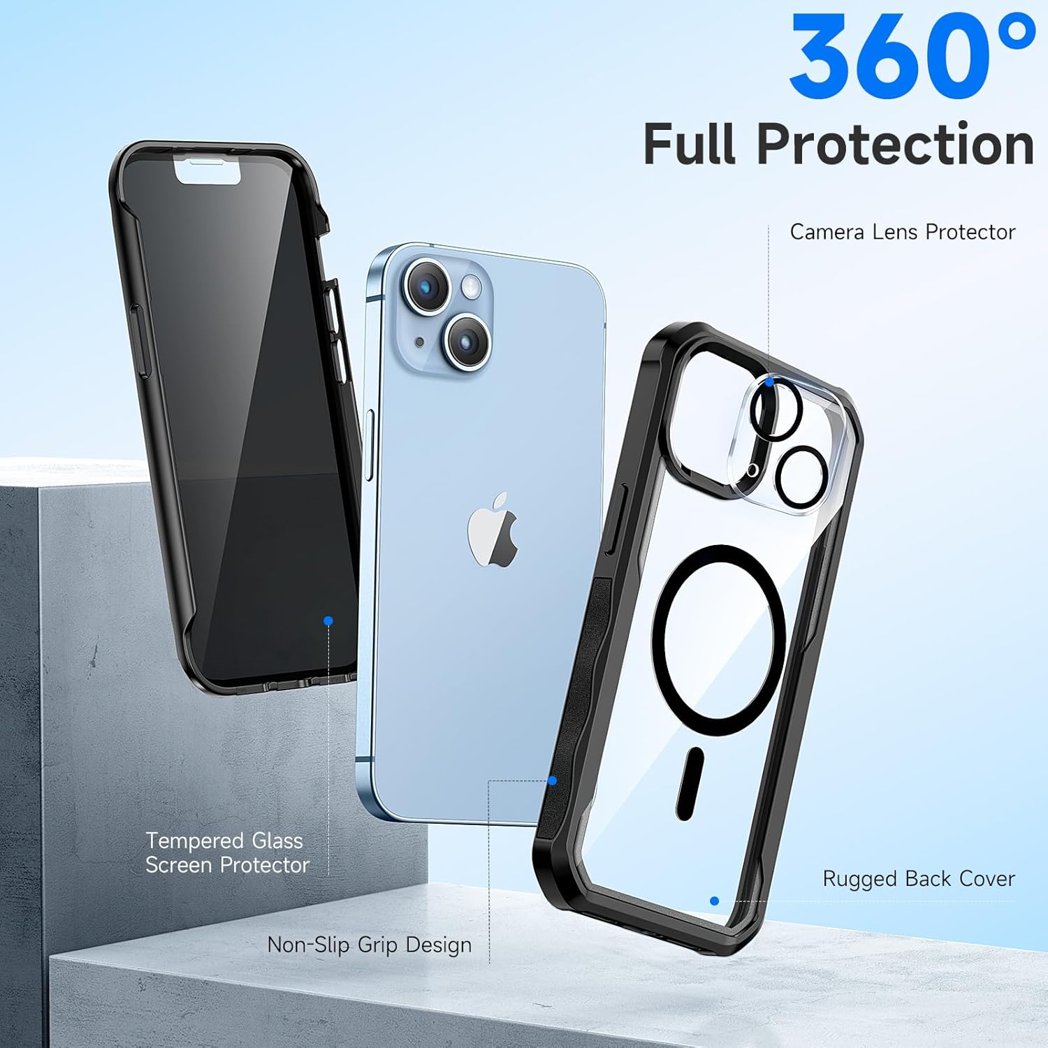 seacosmo for iPhone 14 Case, Full Body Bumper with Built-in 9H Tempered Glass Privacy Screen Protector and Camera Lens Protector, Compatible with MagSafe, Shockproof Phone Cover, 6.1", Black