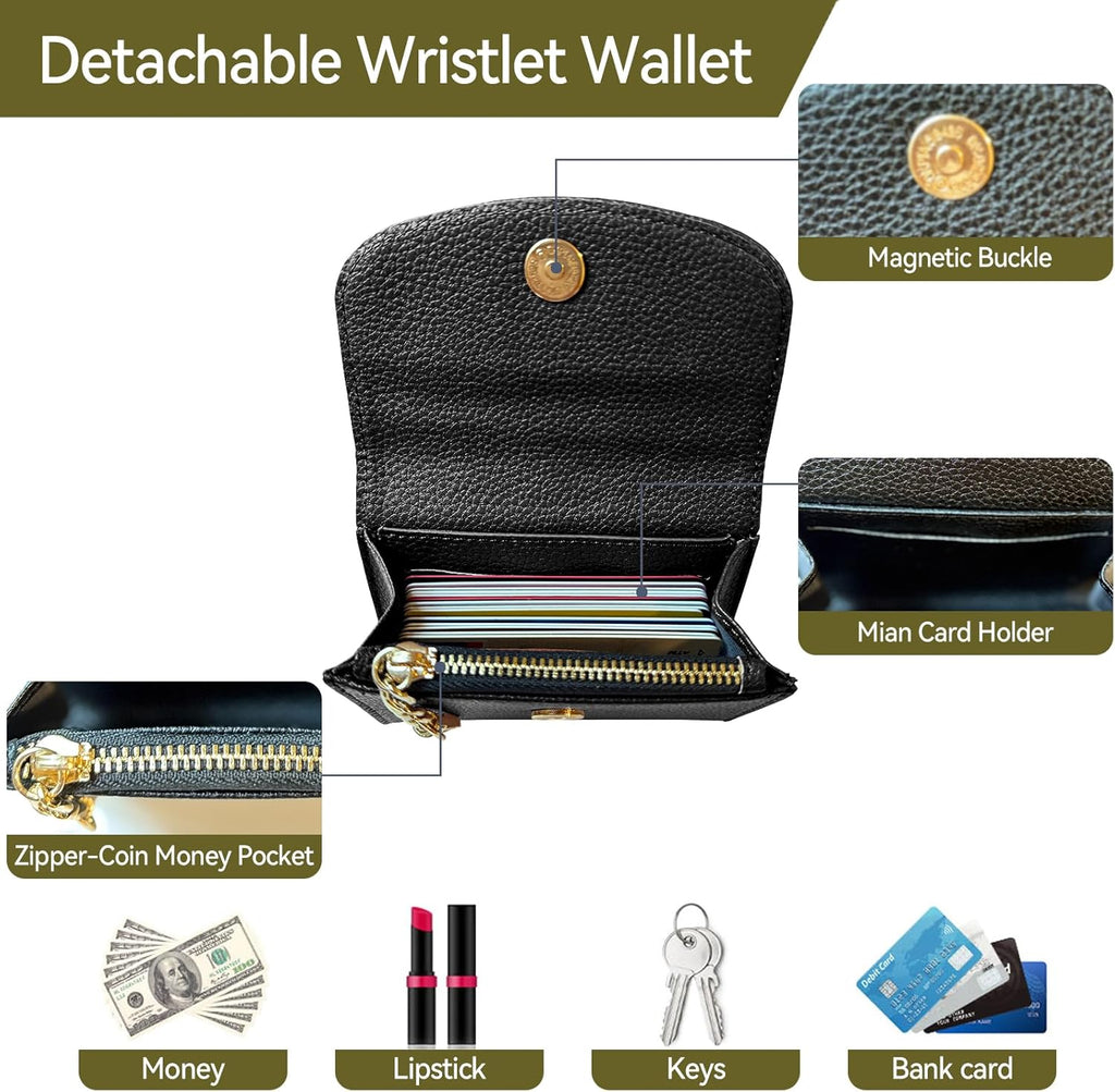 Clip and Go Strap for Phone with Wallet Metal Gun Chain Crossbody Phone Lanyard for Women Adjustable Detachable Wristlet Charm Small Purse Leather Card Holder Zipper with iPhone Stand 2 Patches Black