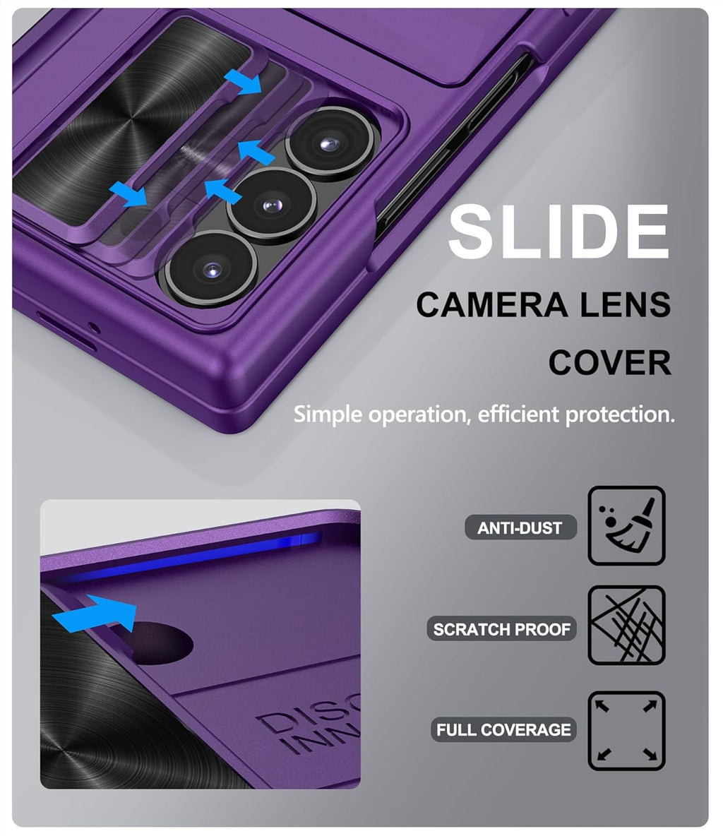 for Samsung Galaxy Z Fold 6 Case with S Pen Holder & Card Holder & Screen Protector, Built-in Hinge Protection & Sliding Camera Lens Cover, Durable Wallet Phone Case for Z Fold 6, Dark Purple