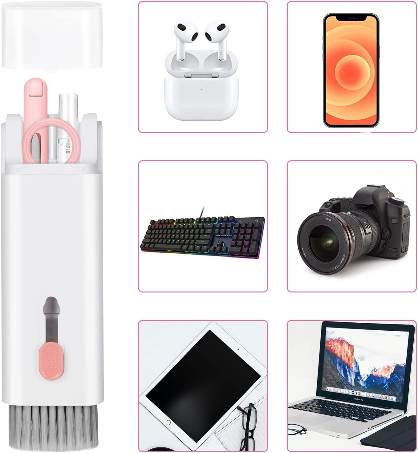 7-in-1 Electronic Cleaner Kit,Keyboard Cleaner,Laptop Cleaner Kit for Monitor, Cell Phone, Headset, Lego, Laptop Camera Lens (Pink)