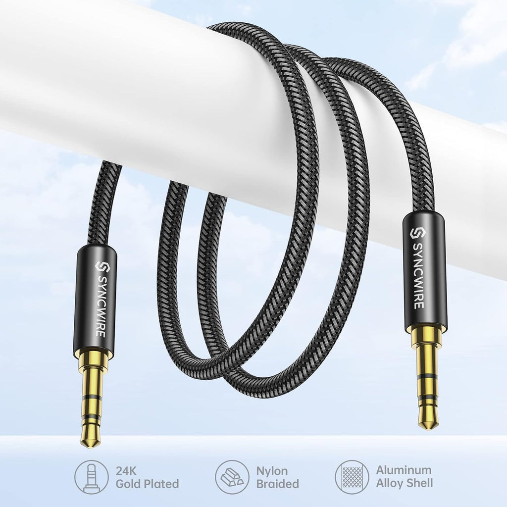 SYNCWIRE 3.5mm Nylon Braided Aux Cable (16.4ft/5m, Hi-Fi Sound), Audio Auxiliary Input Adapter Male to Male AUX Cord for Headphones, Car, Home Stereo, Speaker, iPhone, iPad, iPod, Echo & More - Black