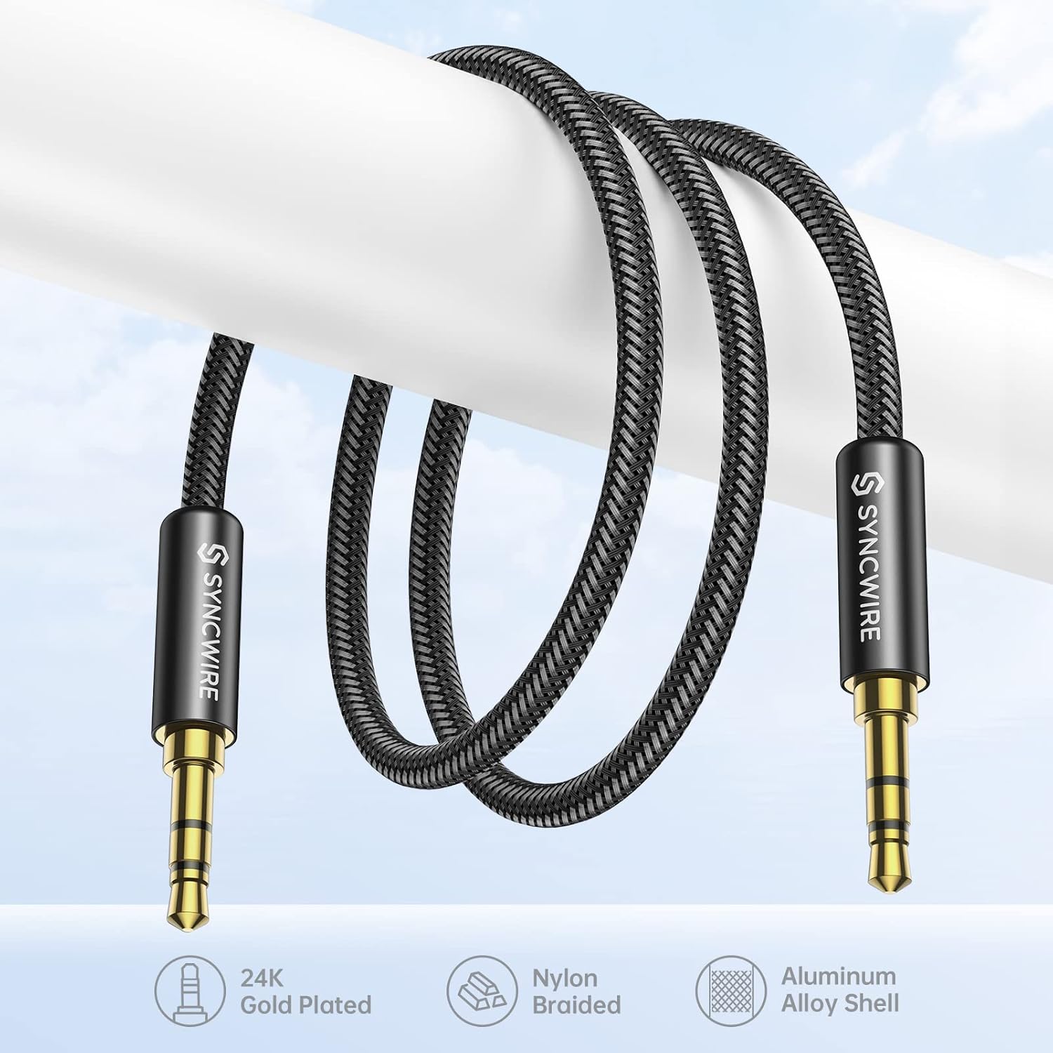 SYNCWIRE 3.5mm Nylon Braided Aux Cable (16.4ft/5m, Hi-Fi Sound), Audio Auxiliary Input Adapter Male to Male AUX Cord for Headphones, Car, Home Stereo, Speaker, iPhone, iPad, iPod, Echo & More - Black