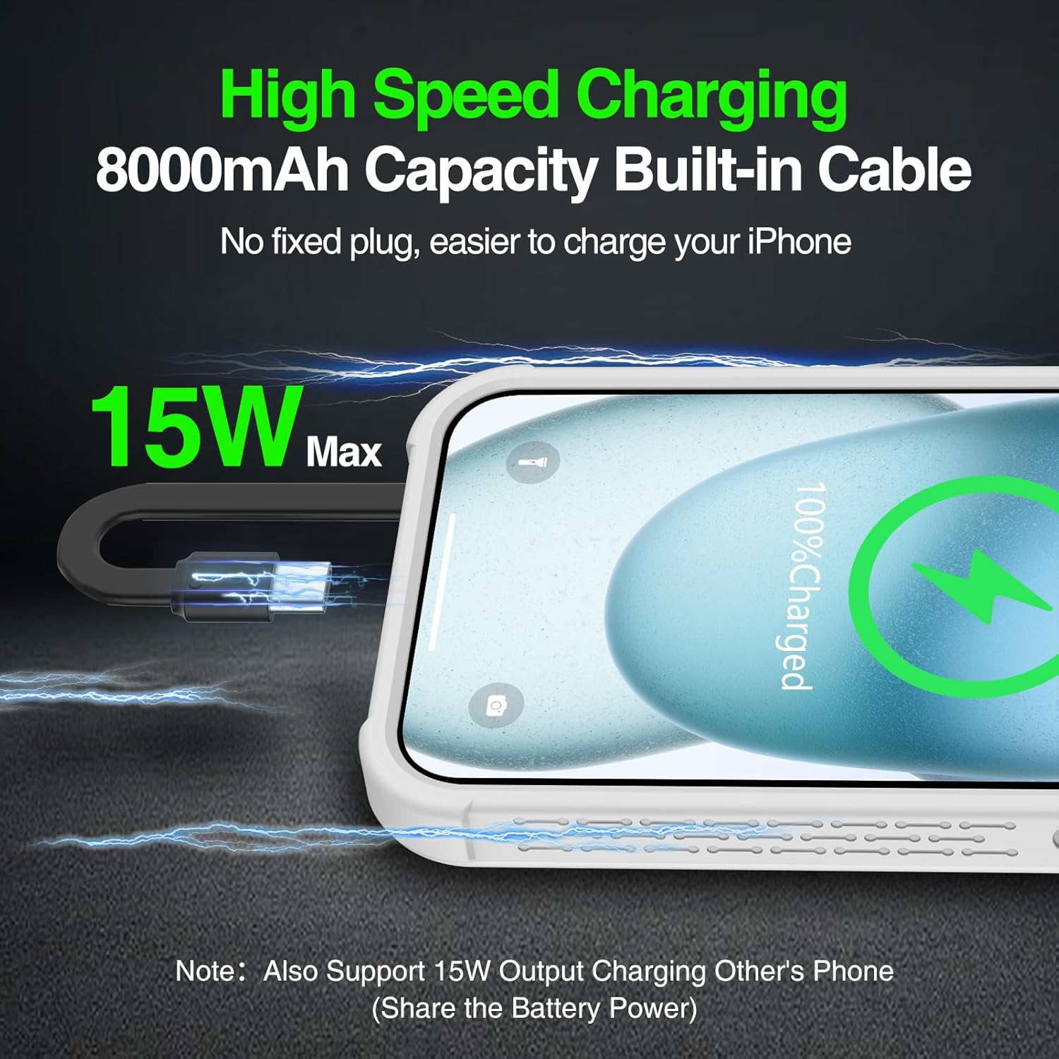 GIN FOXI Fast Charging Battery Case for iPhone 15 Pro Max/15 Plus, 8000mAh 15W Ultra Slim Charger Case Rechargeable Portable Extended Power Bank Case Cover Battery Pack Built-in Cable, Grey(6.7”)