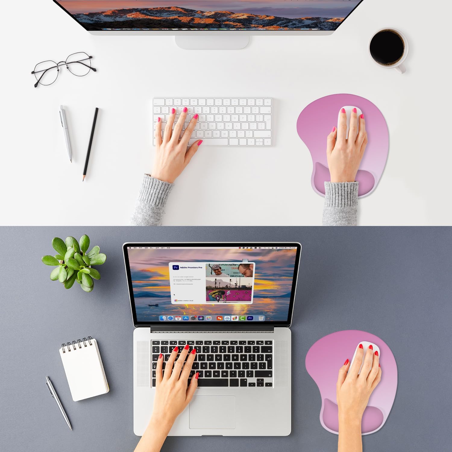 ITNRSIIET Ergonomic Mouse Pad, Cushioned Gel Wrist Rest, Non-Slip Base, Smooth Surface, Compatible with All Mice for Office & Gaming, Desk Accessory, 9.5 x 8.2 inch, Soft Pink Gradient
