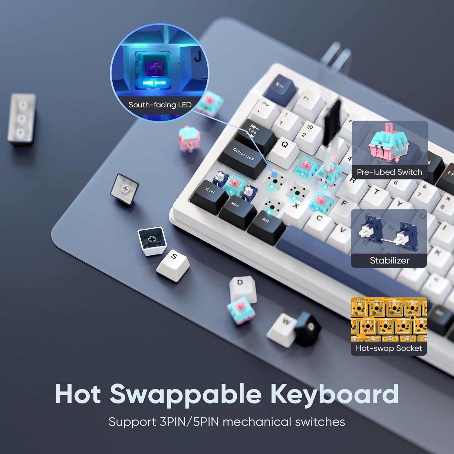 RedThunder K95 Wireless Mechanical Keyboard, TFT Screen & Knob, Tri-Mode BT5.0/2.4GHz/USB-C Hot Swappable Custom, Pre-lubed Linear Switches, Gasket Structure, RGB Gaming Keyboard, Snowy White-Blue