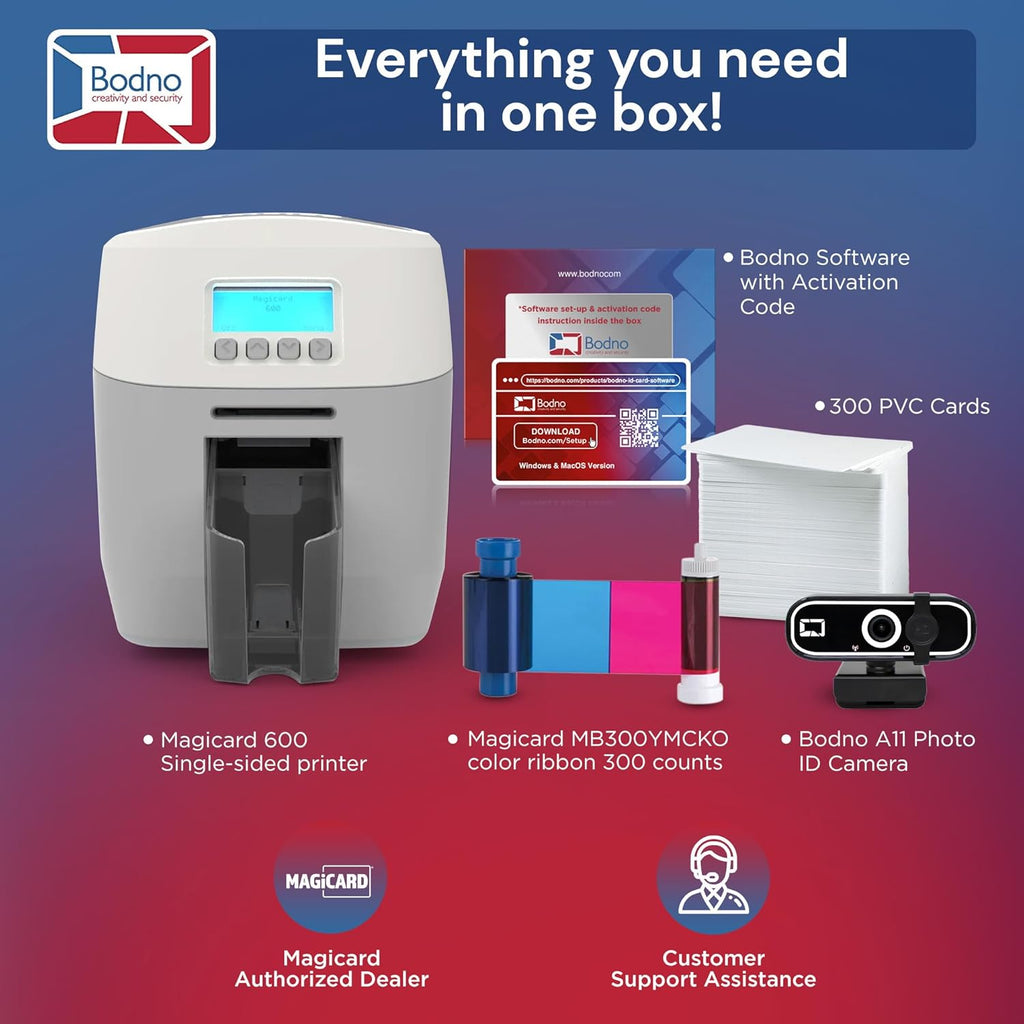 Bodno Magicard 600 Single Sided ID Card Printer & Complete Supplies Package ID Software - Bronze Edition