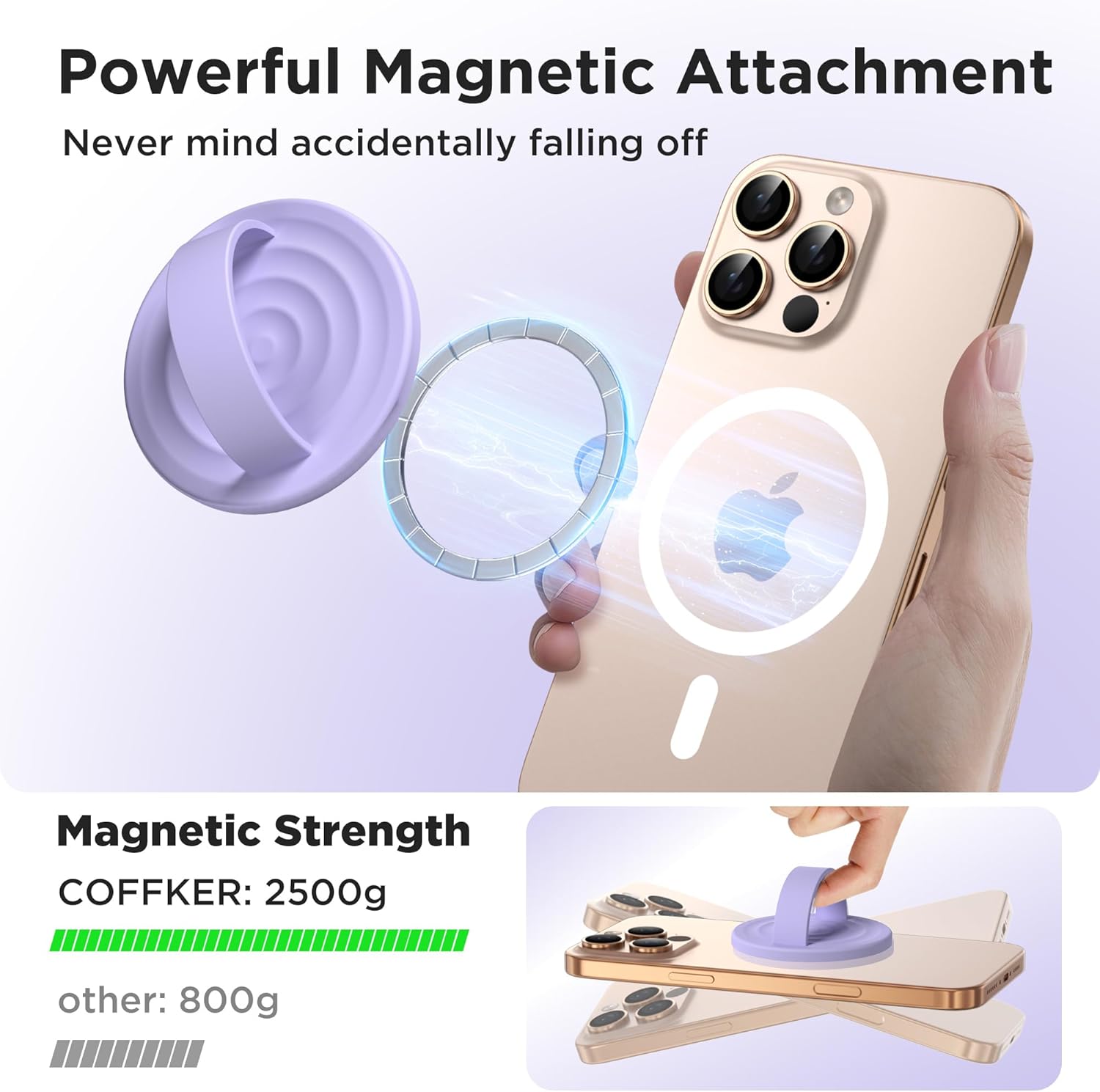 Magnetic Phone Ring Grip Holder, Silicone Finger Loop Grip, Compatible with MasSafe, Back of Phone for iPhone Pro Max/Plus/16/15/15/14/13/12 Series, Lilac Purple