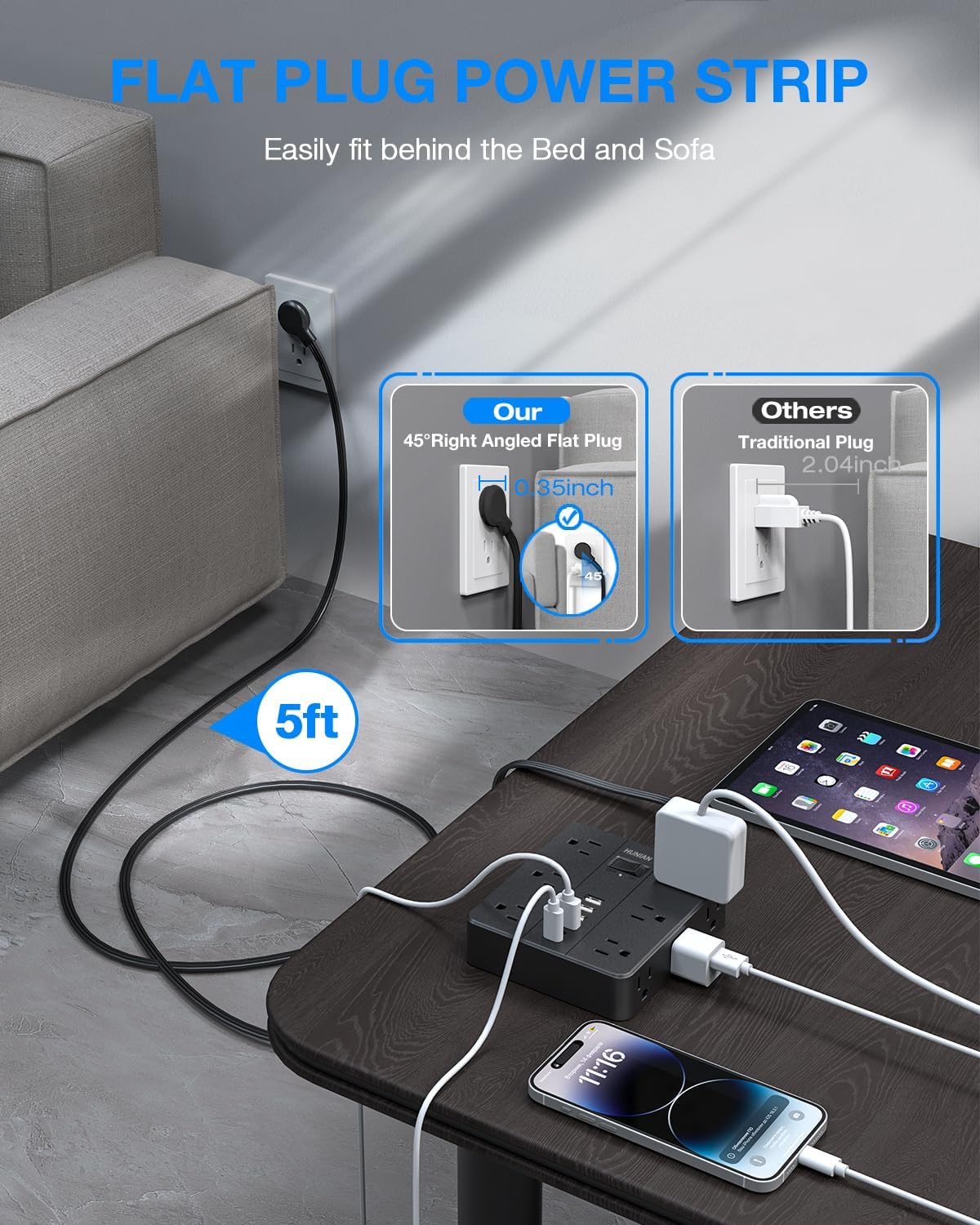 Power Strip Surge Protector, Flat Extension Cord Indoor 20 Feet, HUNIAN 12 Widely Spaced Outlets with 6 USB Charger (2 USB C Ports), Desk Charging Station for Home Office Supplies, Dorm Room, Black