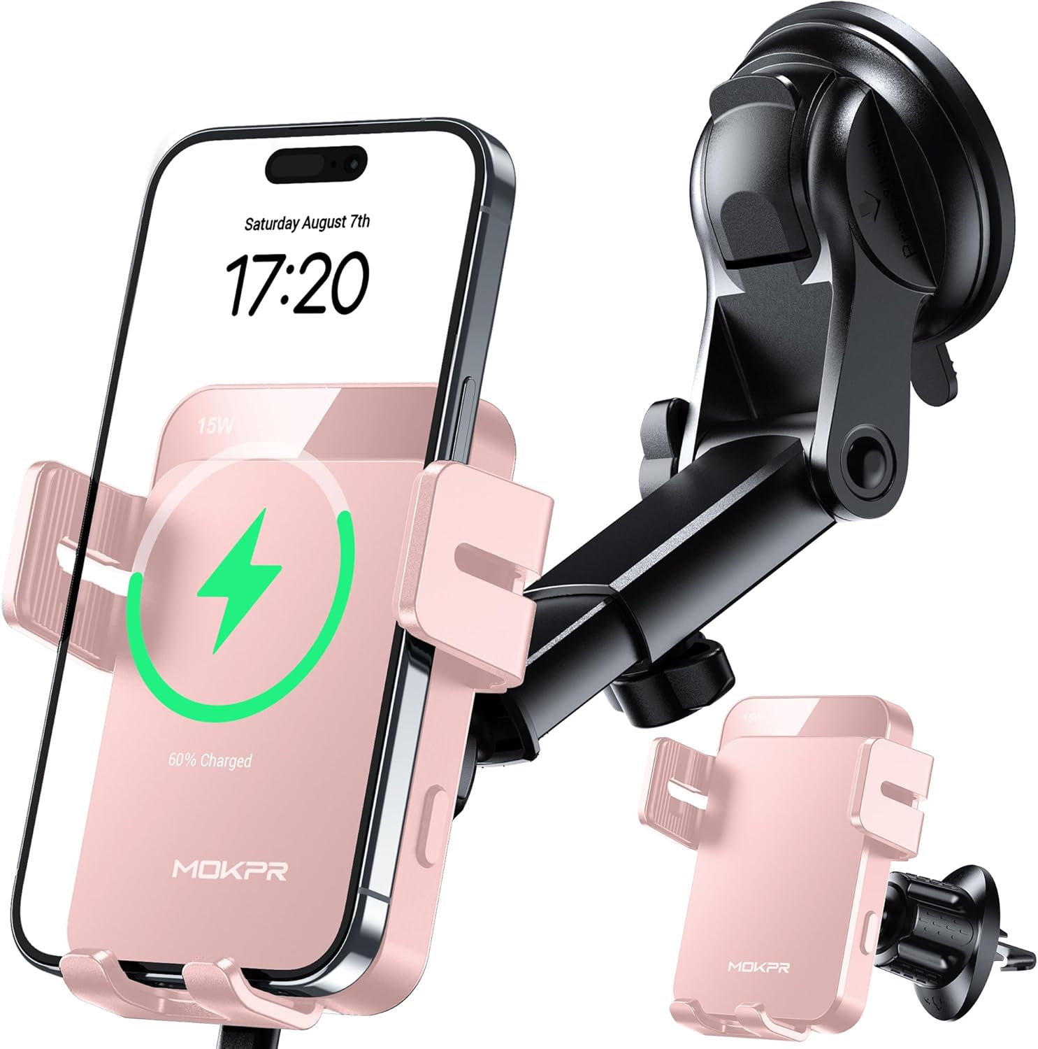 MOKPR Wireless Car Charger, 15W Auto Clamping Car Charger Dash Windshield Air Vent Phone Holder Compatible with iPhone 16 15 14/13/13 Pro/12 pro/12/11/X/8, Samsung S24/S23/S22, Pink