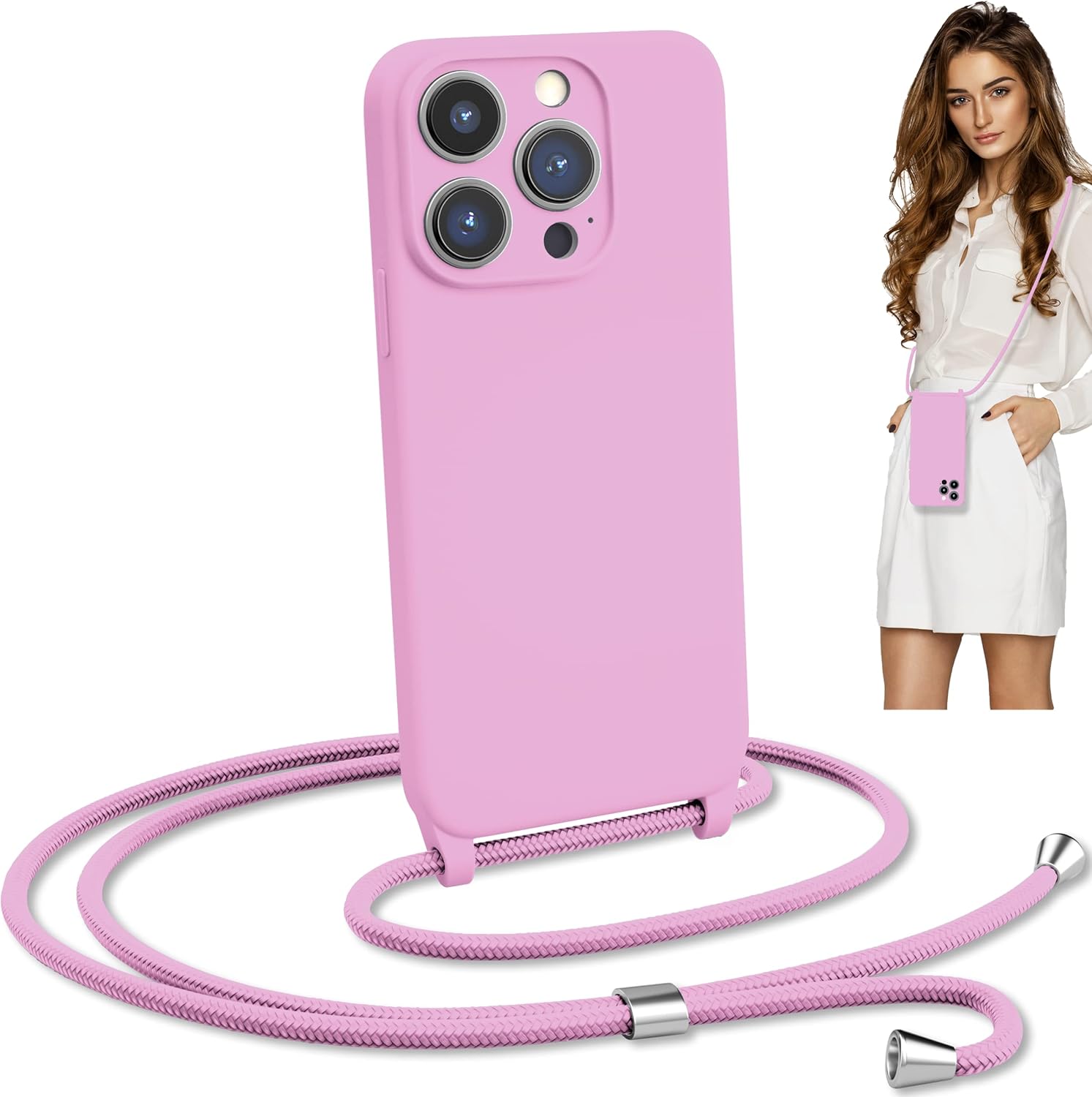 Blaspins Crossbody Lanyard Strap Case for iPhone 13 Mini, Neck Cross Body, Adjustable Holder Removable, Drop Protection Shockproof, Hands-Free Silicone Case 5.4 inch, 150 cm Strap, iP13mini - Pink