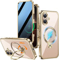 [360° Rotatable CD Stand & Built-in Privacy Screen Magnetic Case for iPhone 16 [Compatible with MagSafe & Full Signal] Mil-Grade Shockproof Full Body Anti-Spy Cover for 16-Gold