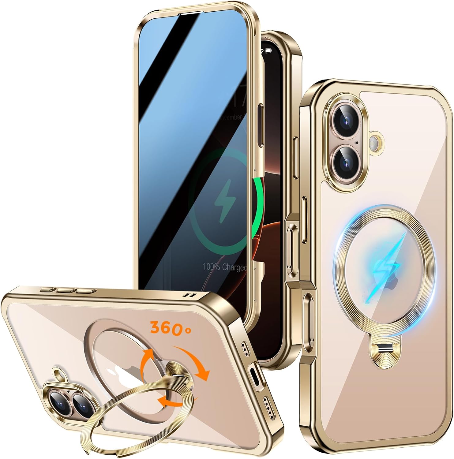 [360° Rotatable CD Stand & Built-in Privacy Screen Magnetic Case for iPhone 16 [Compatible with MagSafe & Full Signal] Mil-Grade Shockproof Full Body Anti-Spy Cover for 16-Gold