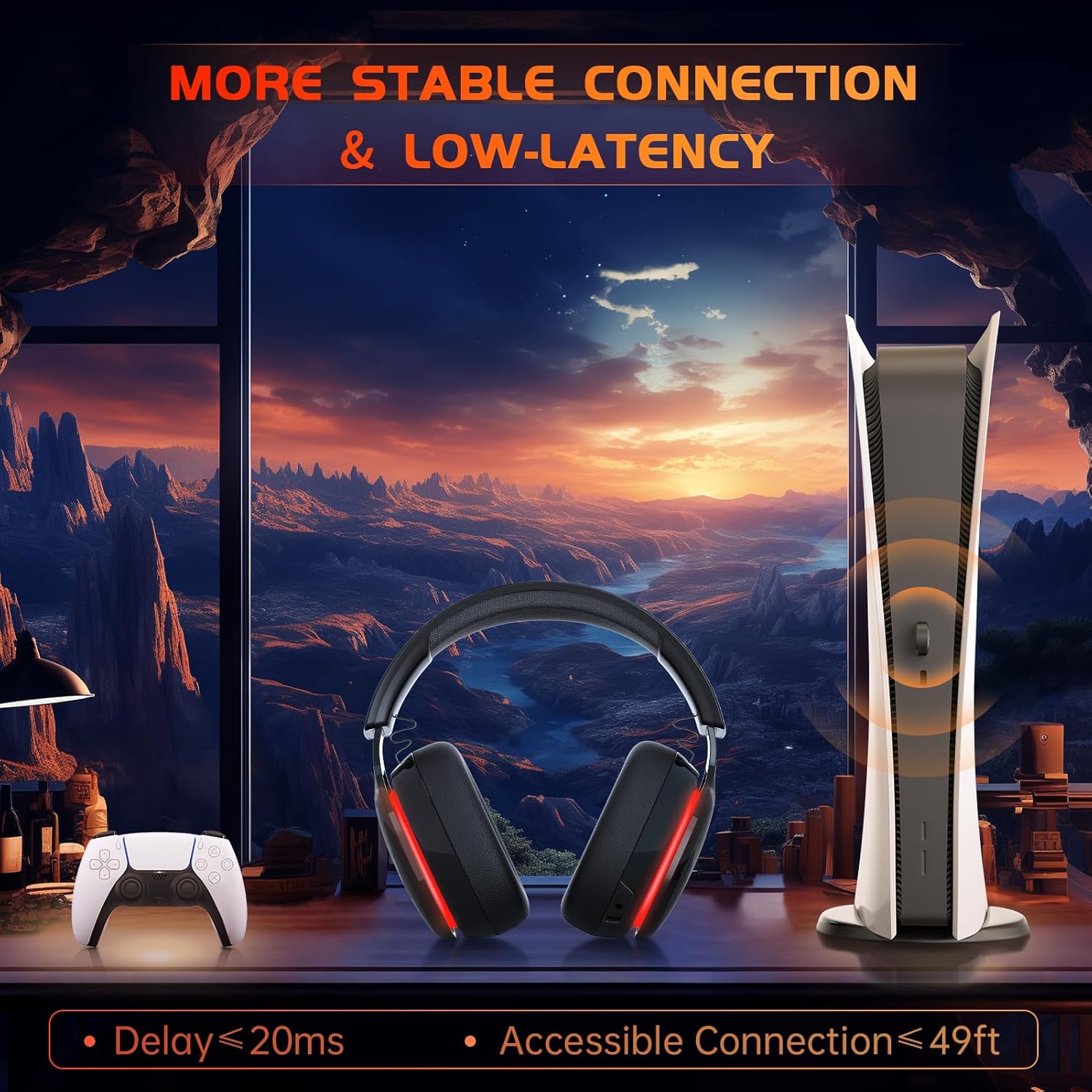 2.4GHz Wireless Gaming Headset for PS5, PS4 Fortnite & Call of Duty/FPS Gamers, PC, Nintendo Switch, Bluetooth 5.3 Gaming Headphones with Mic, Stereo Sound, Red Light -BlackRed