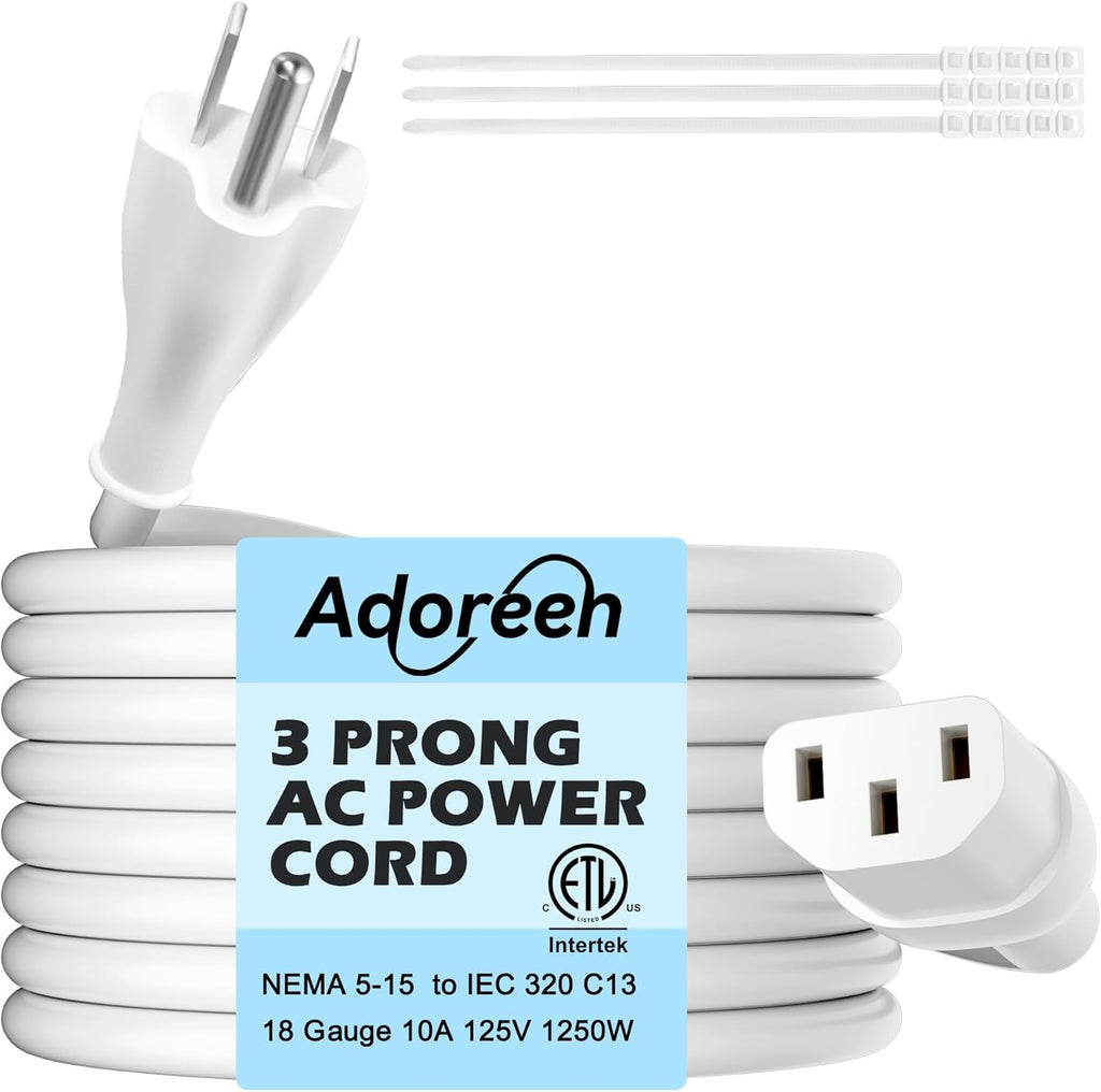 Adoreen 6 Ft Computer TV Replacement Power Cord White, 18AWG 3-Prong AC Universal Power Supply Cable NEMA 5-15P to IEC 320 C13 for Printer, PC, Monitor TV LCD, ETL+Ties