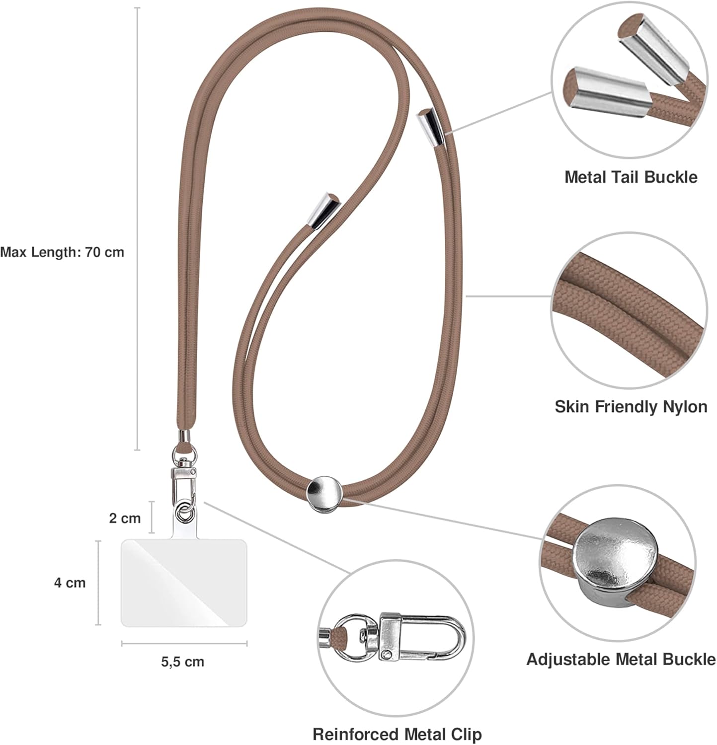 Cell Phone Lanyard [Brown] - Comfortable Universal Smartphone Lanyard - Easy to Use Neck Phone Holder [Clear Patch] - Adjustable Length Phone Strap Crossbody - Fits All Mobile Phones
