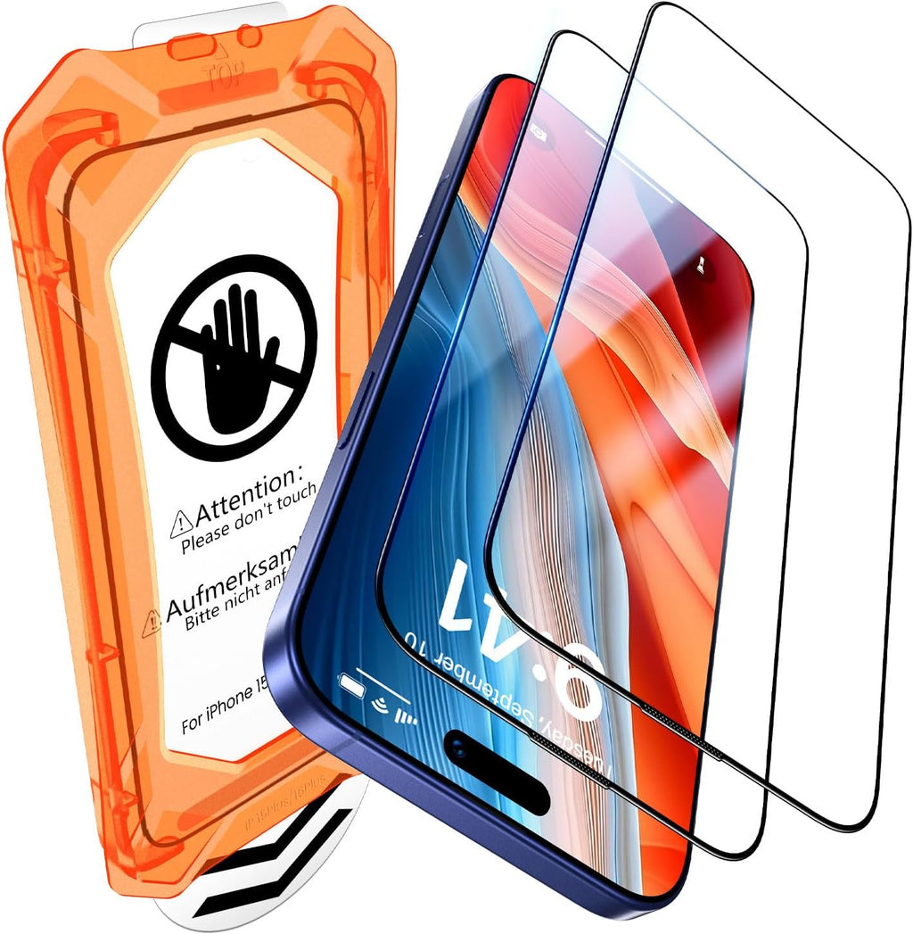 UniqueMe for iPhone 16 / iPhone 15 Screen Protector - [Military Grade Shatterproof & 9H+ Hardness] Screen Protector 15/16 Tempered Glass Full Coverage Protection, Easy Installation, 2 Packs