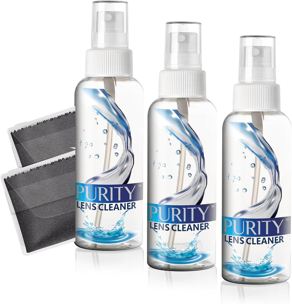 Purity Eyeglass Lens Cleaner Kit - 3 x 2oz Travel Size Lens Cleaner Spray Bottle + 2 Microfiber Cleaning Cloths - Safe for All Lenses (AR Coated Included), Eyeglasses and Screens - Clear