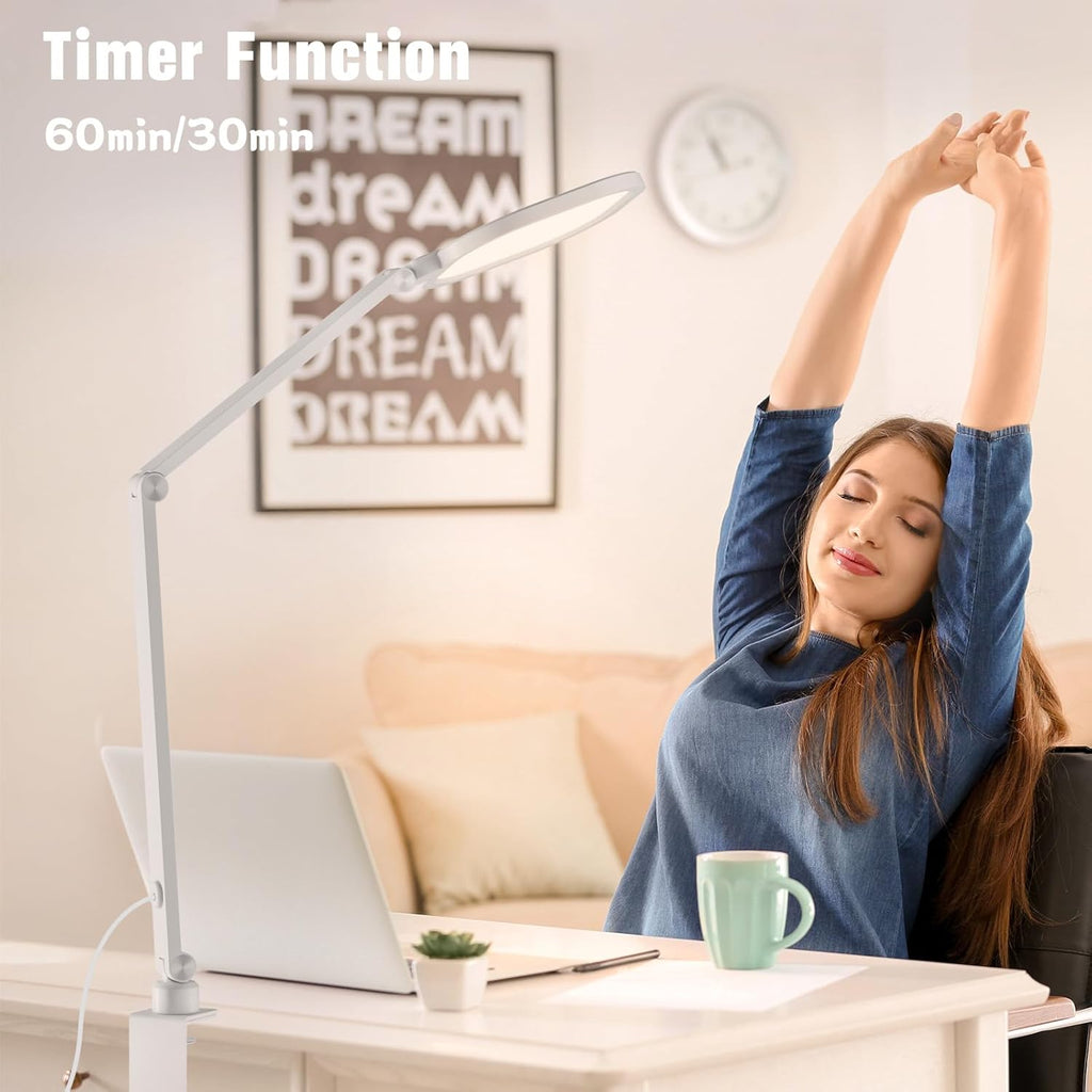 LED Desk Lamp for Home Office, 15W Desk Light with C- Clamp, Swing Arm, Memory & Timer Function, 1200LM Dimmable Computer Light for Video Calls, Conference, Study (White-Clamp)