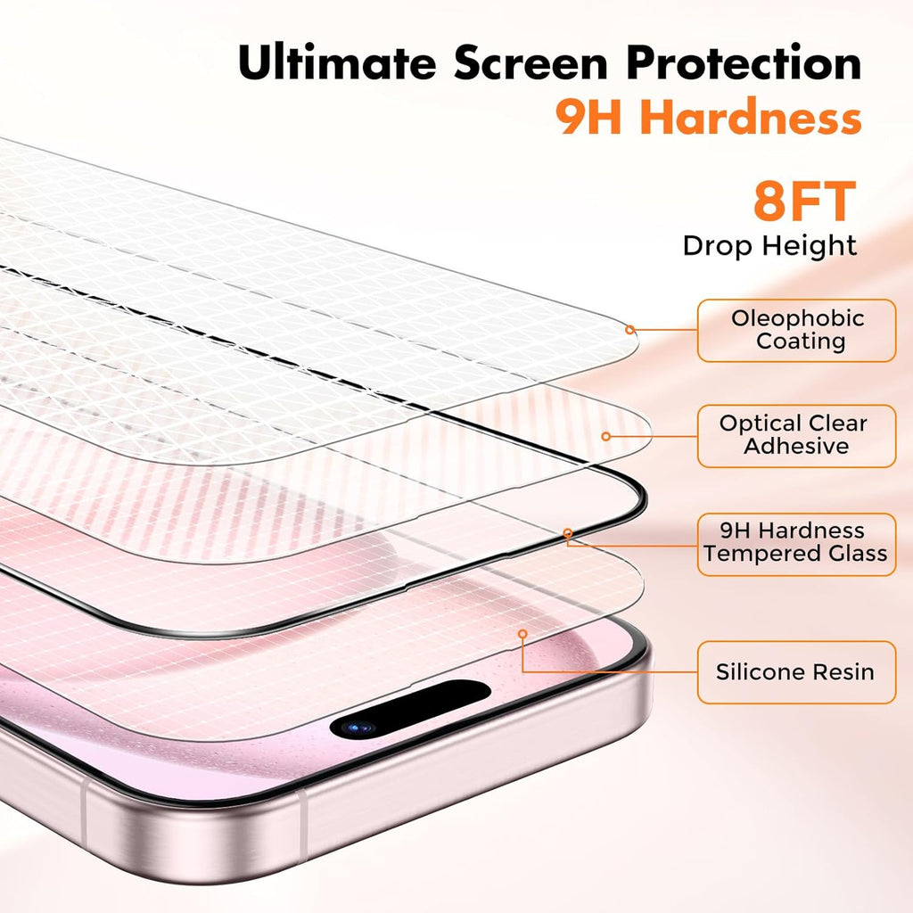 UNBREAKcable 3-Pack Screen Protector for iPhone 15, Double Shatterproof Tempered Glass [Easy Installation Frame] [99.99% HD Clear] [9H Hardness] [Full Coverage] [Case Friendly] for iPhone 6.1 inch