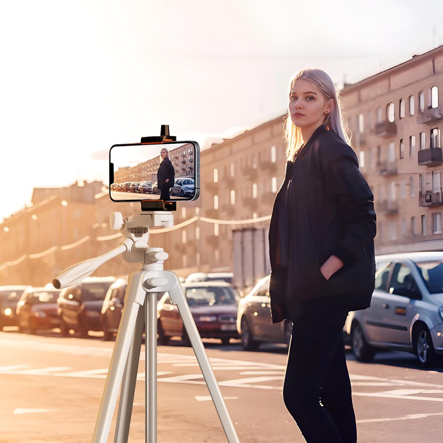 PHOPIK Extendable Tripod Stand - 55" Phone Tripod with 360 Panorama, Shutter-Video, 1/4" Mounting Screw for iPhone/Android/Sport Camera&Insta360 x5 - White