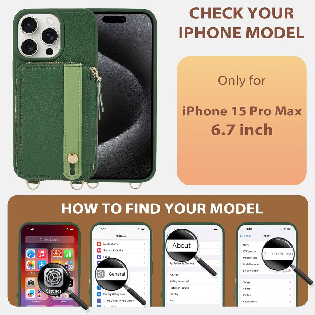 LAMEEKU for iPhone 15 Pro Max Wallet Case, Zipper Leather Card Slots Crossbody Case with Phone Grip Holder Stand Wrist Strap Lanyard for Women for iPhone 15 Pro Max 6.7 inch Dark Green