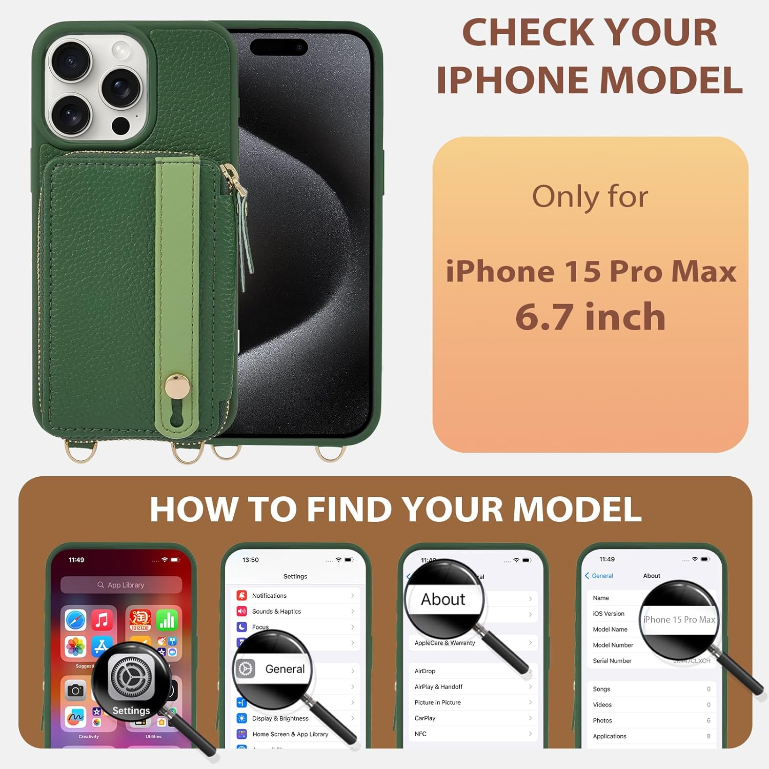 LAMEEKU for iPhone 15 Pro Max Wallet Case, Zipper Leather Card Slots Crossbody Case with Phone Grip Holder Stand Wrist Strap Lanyard for Women for iPhone 15 Pro Max 6.7 inch Dark Green