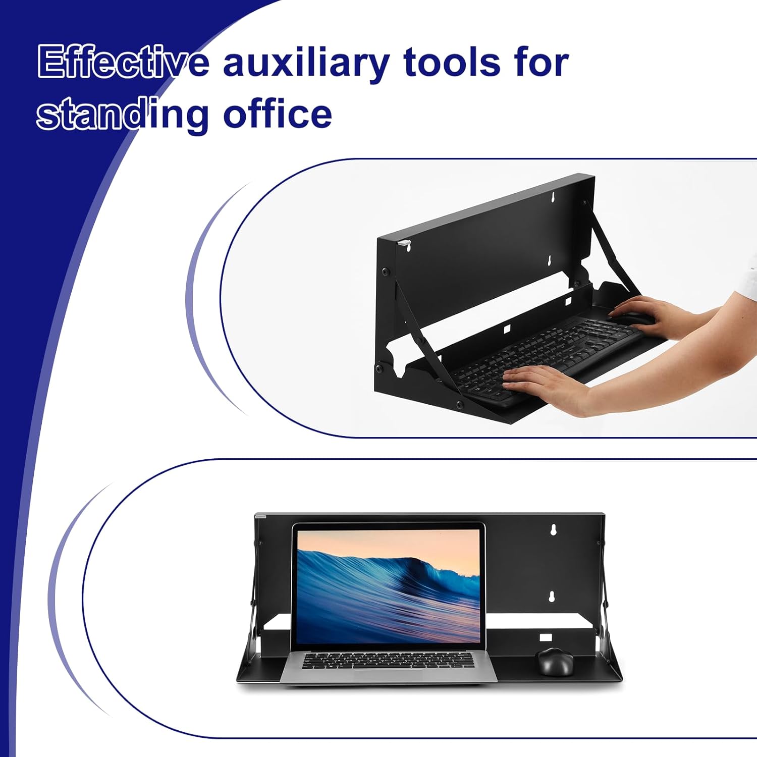 1 Pcs 24 Inch Keyboard Wall Mount Foldable Fits Standard Computer Keyboard Mouse Stand Tray Organizer for Small Offices Apartments, Easy Installation with 4 Screws (Black)
