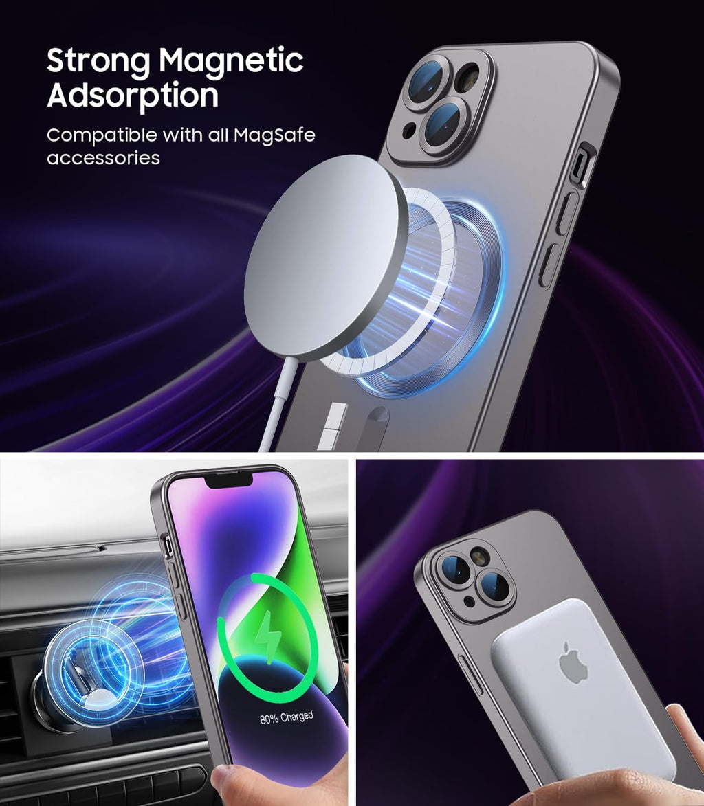 Magnetic for iPhone 15 Case [Compatible with MagSafe][Built-in Camera Lens Protector] Slim Soft Silicone Bumper Shockproof Metallic Shine Phone Case (Gray)