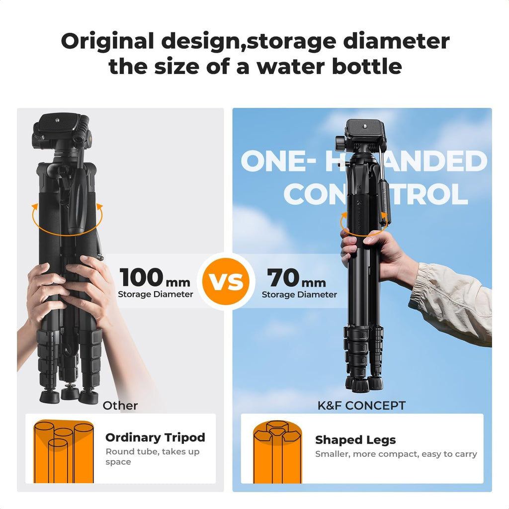 K&F Concept Camera Tripod, 75" Lightweight Portable Travel Outdoor DSLR Tripods for Camera Phone Video Recording Tripod Stand, Cellphone Clip for Smartphone Live Streaming Vlog, Black