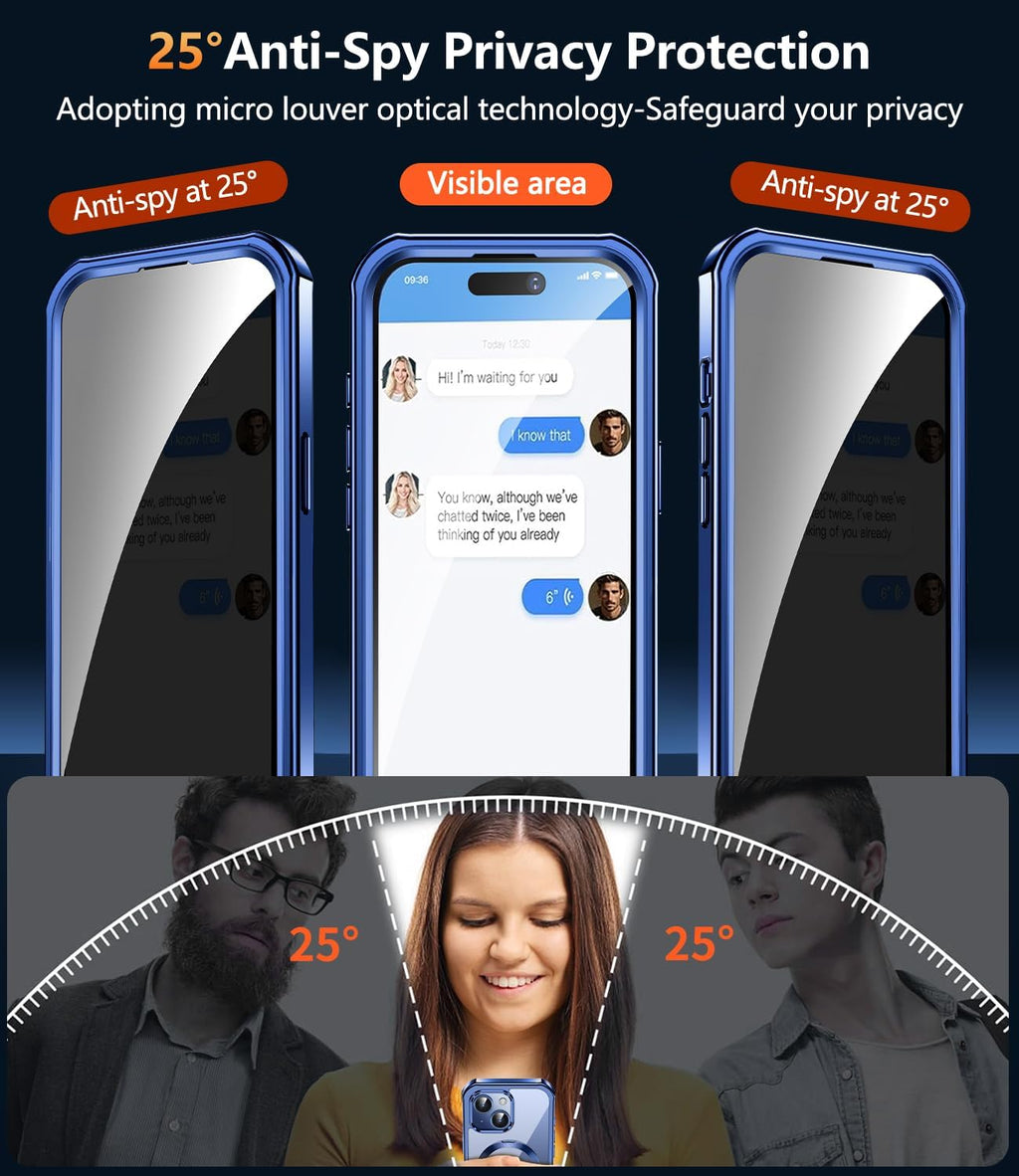 [360° Rotatable CD Stand & Built-in Privacy Screen Magnetic Case for iPhone 15 [Compatible with MagSafe & Full Signal] Mil-Grade Shockproof Full Body Anti-Spy Cover for 15-Blue