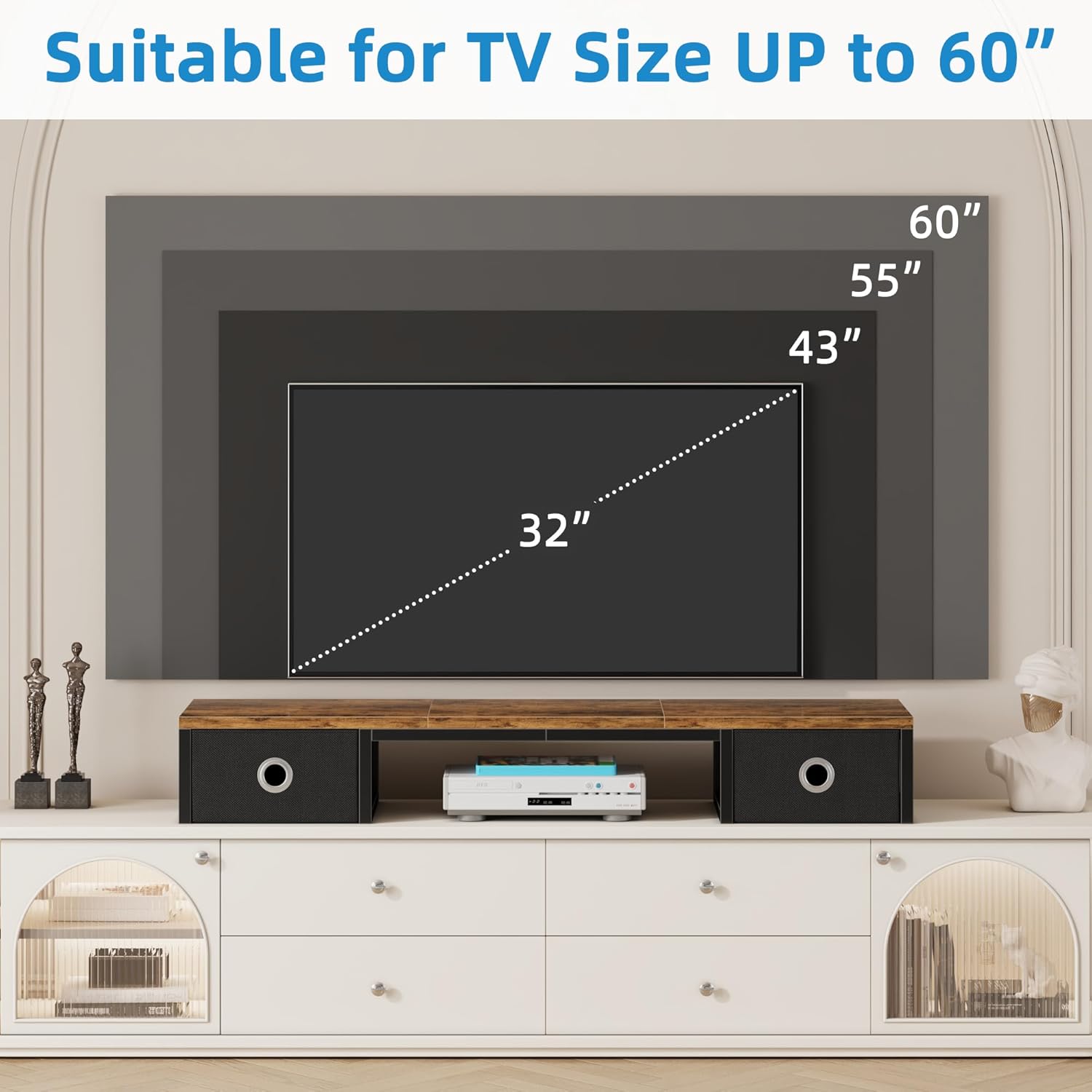 45" Large TV Riser with Fabric Drawers for 32-60 inch TV, TV Stand Riser with Steel Legs, Tabletop TV Riser Shelf, Monitor Stand Riser for Home Office, Rustic Brown