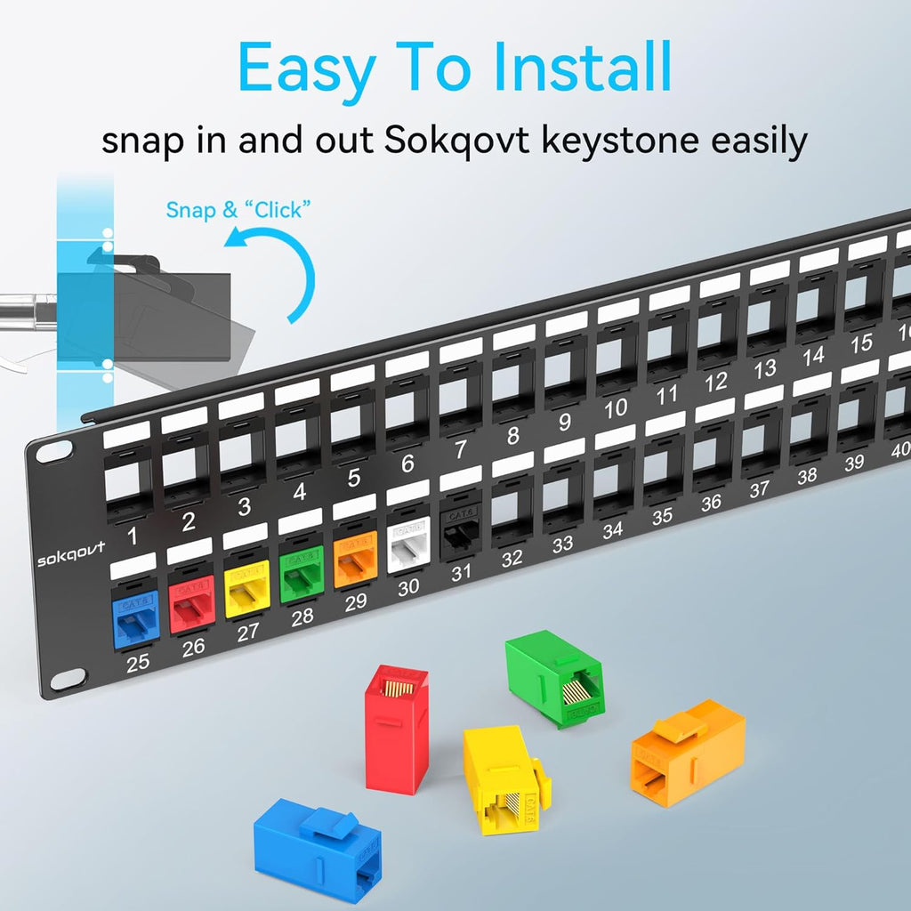 48 Port Blank Keystone Patch Panel with Snap-in Design (2 Pack), Cat6 Network Patch Panel 2U 19 inch, Rack Mount Ethernet Patch Panel (for Slim Keystone Only)
