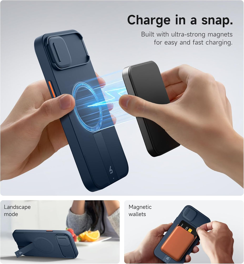 SURITCH for iPhone 14 Plus/15 Plus Case with Magnetic Camera Slide Cover and Adjustable Kickstand, Compatible with MagSafe, Shockproof Bumper Case Slim Protective Cover 6.7 Inch, Blue