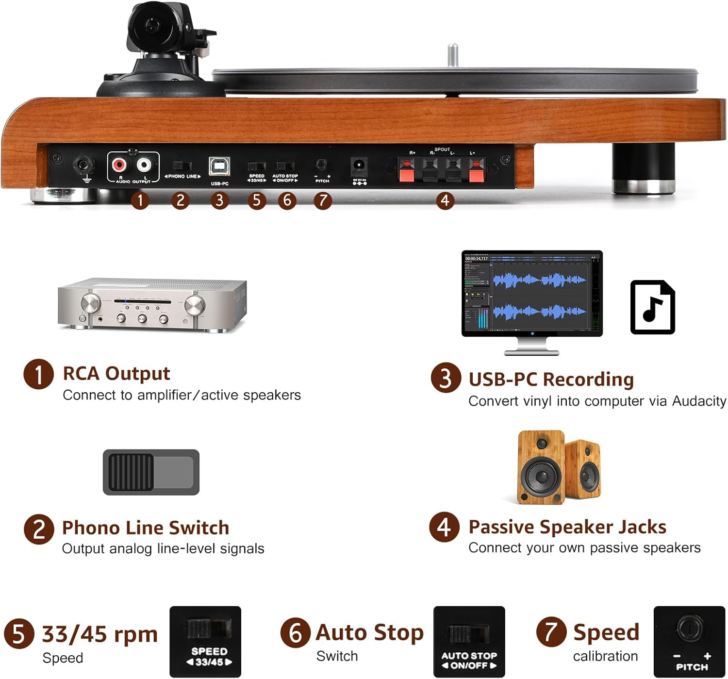 Vinyl Record Player with Bluetooth Input Output,Turntable with Built-in Preamp,USB Recording,Speed Adjustment,Counterweight and Moving Magnet Stylus,Upgraded Single-Platter Design (No Sub-Platter)