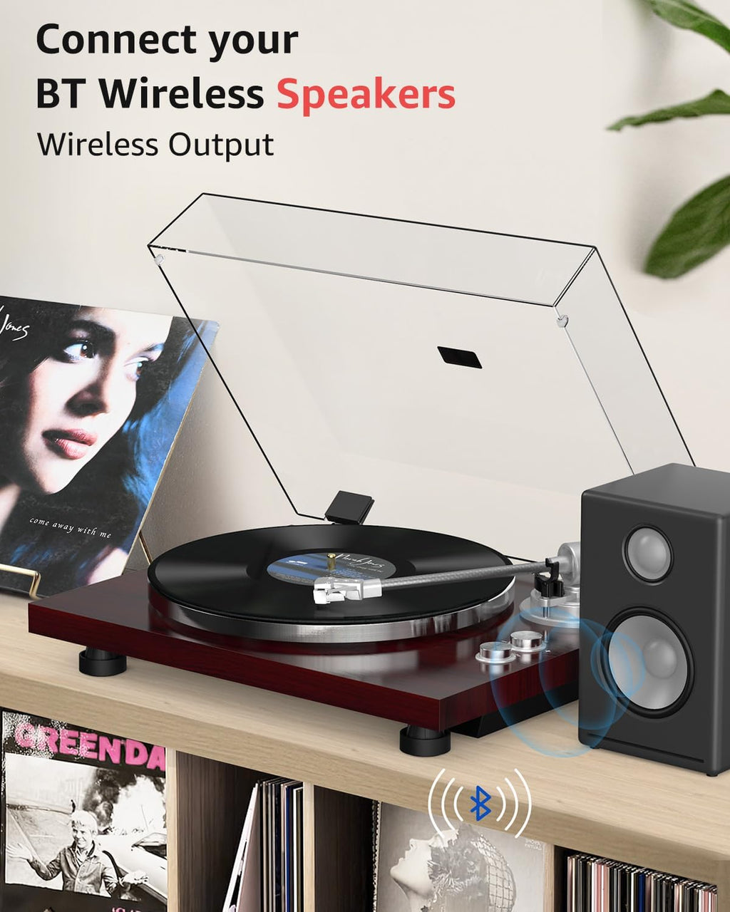 Turntable Record Player Wireless Output Carbon Fiber Tonearm Vinyl Player Aluminium Platter Belt-Drive LP Turn Tables 33 1/3&45 RPM Audio Phono RCA Line Out AT-3600L MM Cartridge Pale Walnut Red