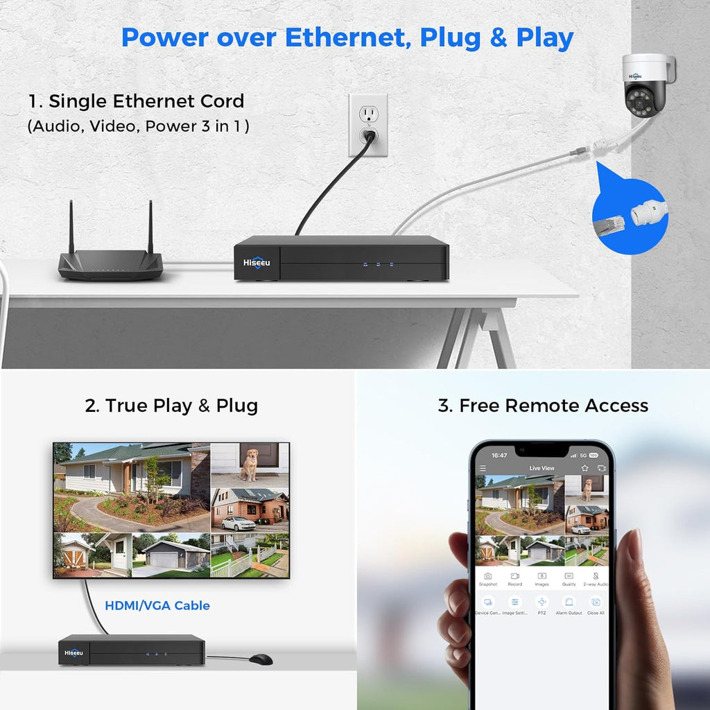 [300°Pan 90°Tilt+Human Tracking] Hiseeu 4K PoE PTZ Camera System,NVR Security Camera System w/6Pcs 5MP Wired Security Camera Outdoor&Indoor,2-Way Audio,Waterproof,7/24 Record for Home Surveillance