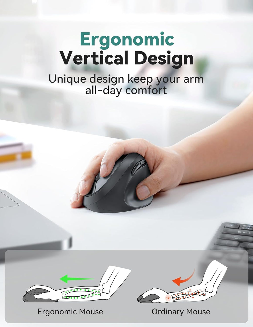 TECKNET Ergonomic Mouse, 4800 DPI 5 Adjustable DPI Levels, Wireless Vertical Mouse, 6 Buttons, 2.4G Silent Mouse for Laptop, PC, Chromebook, Mac - Black