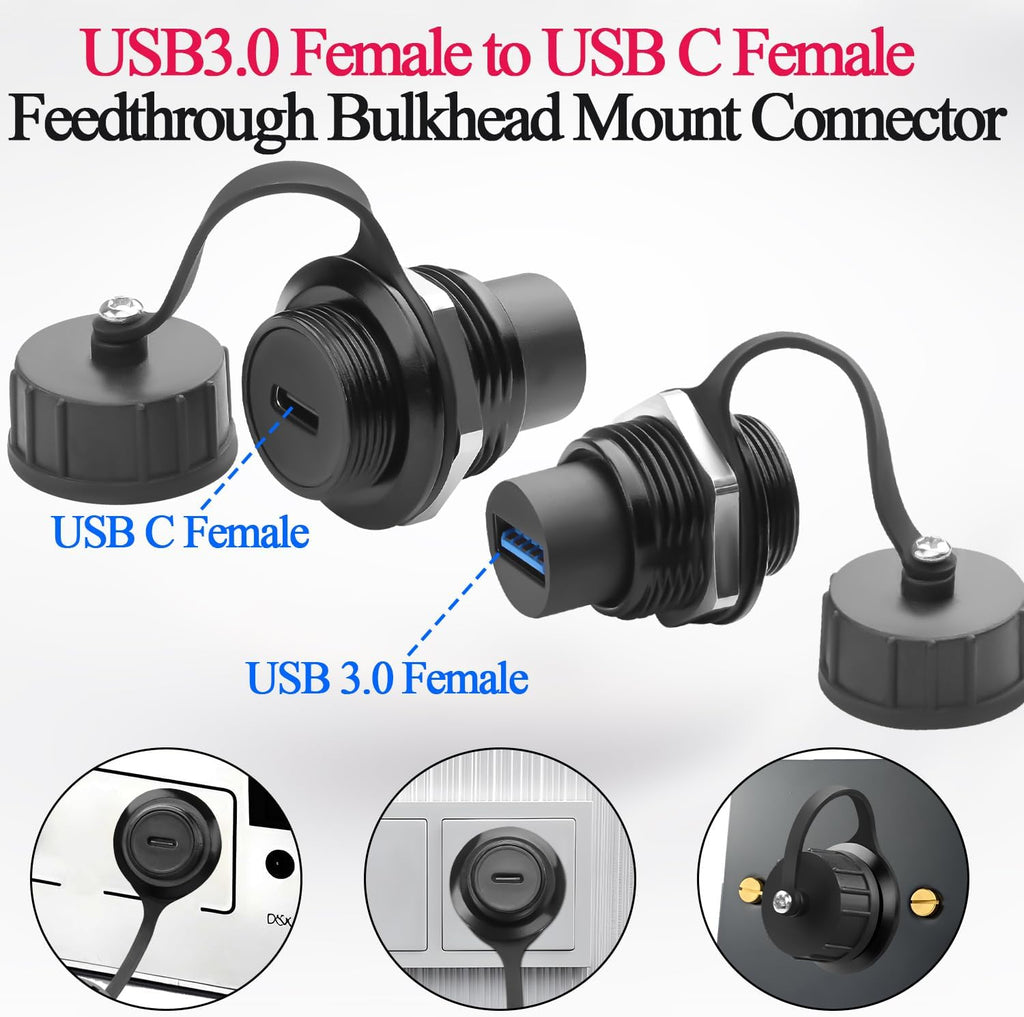 QIANRENON USB 3.0 to USB C Threaded Fixing Waterproof Adapter 5Gbps USB3.0 Female to USB Type C Female Feedthrough Bulkhead Mount Connector Receptacle 5V/1.5A, for Outdoor Data Transfer Charge